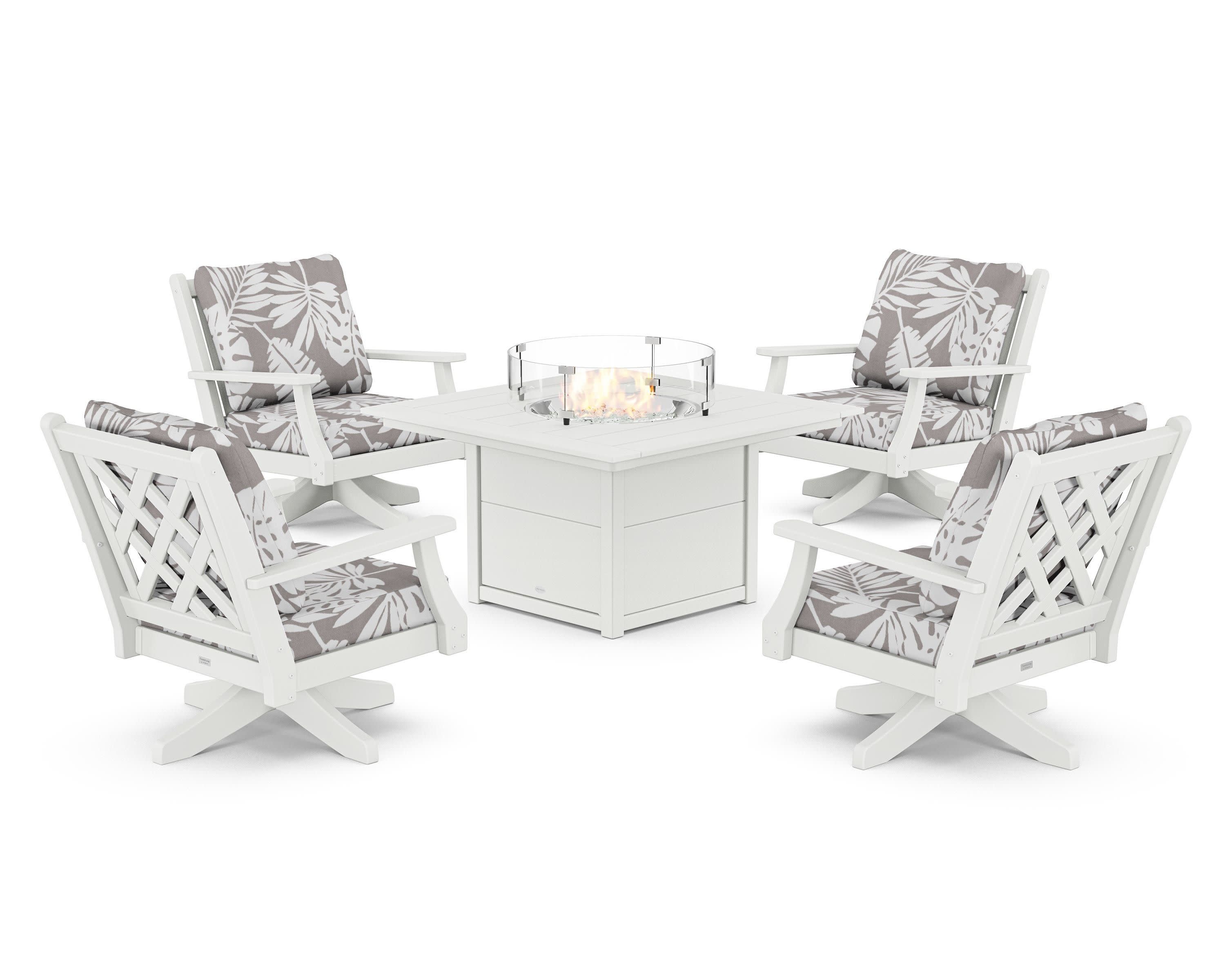 Wovendale 5-Piece Deep Seating Swivel Conversation Set with Fire Pit Table in White / Leaf Grey Mist