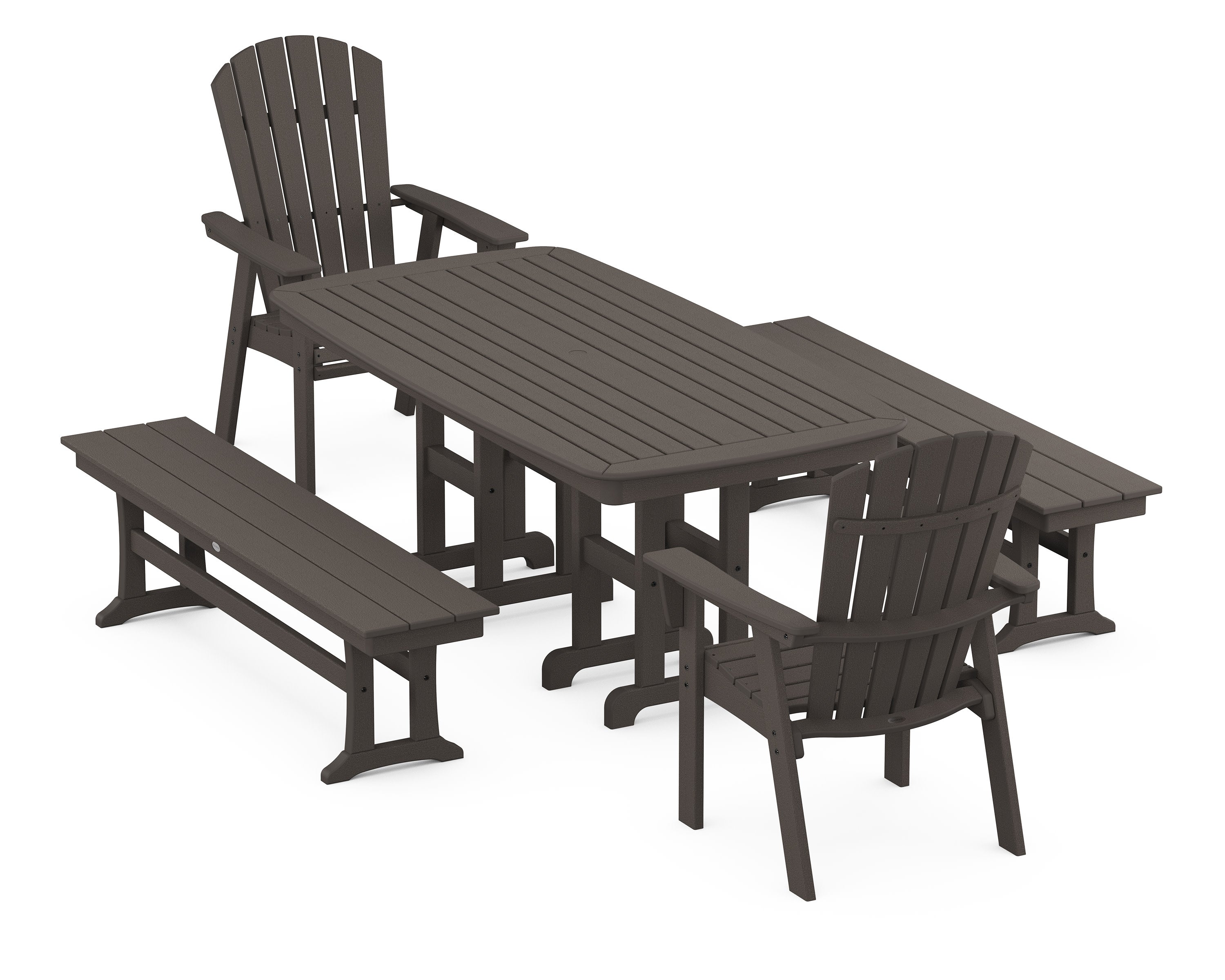 Nautical Curveback Adirondack 5-Piece Dining Set with Benches in Vintage Coffee