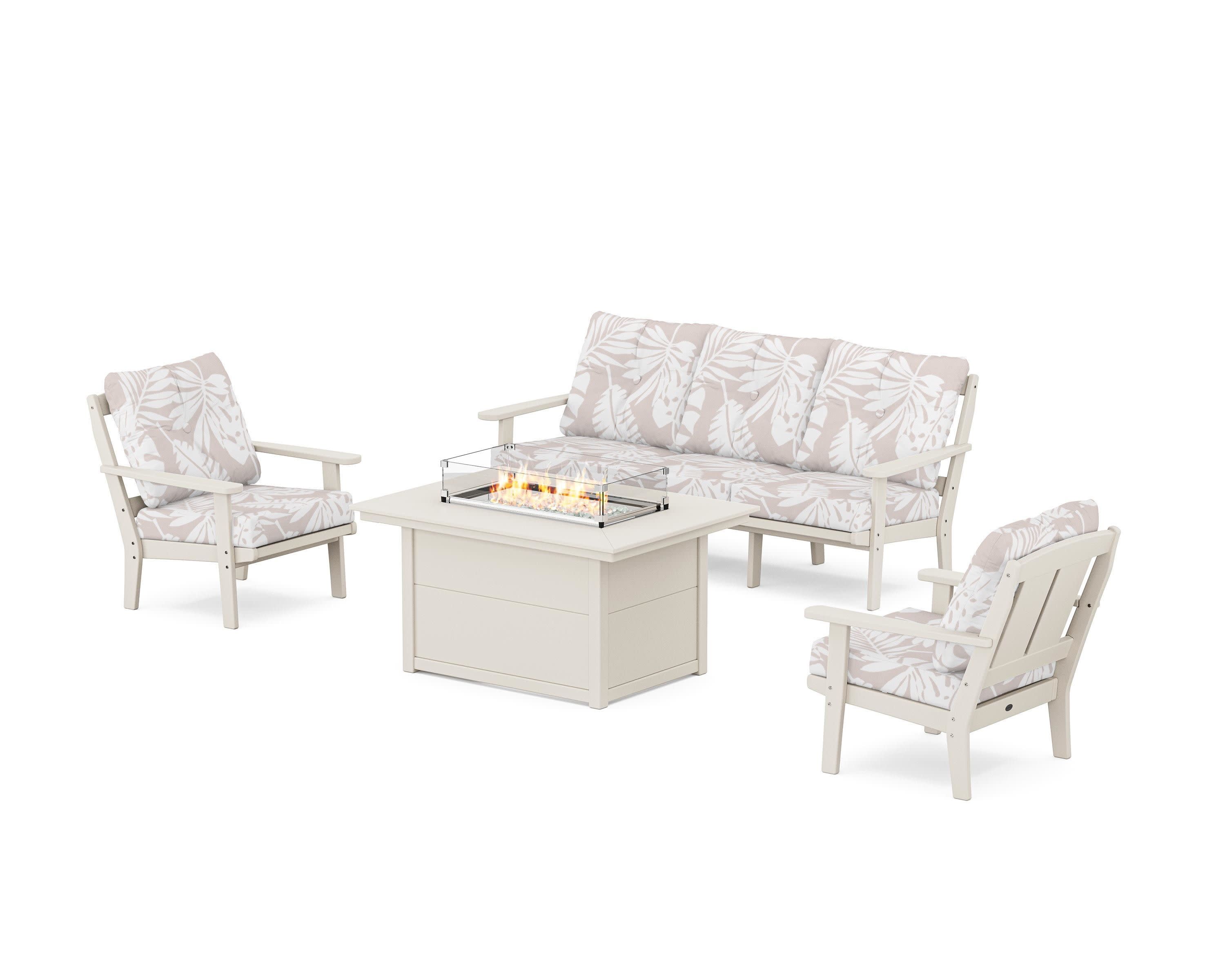 Mission Deep Seating Fire Pit Table Set in Sand / Leaf Dune Burlap