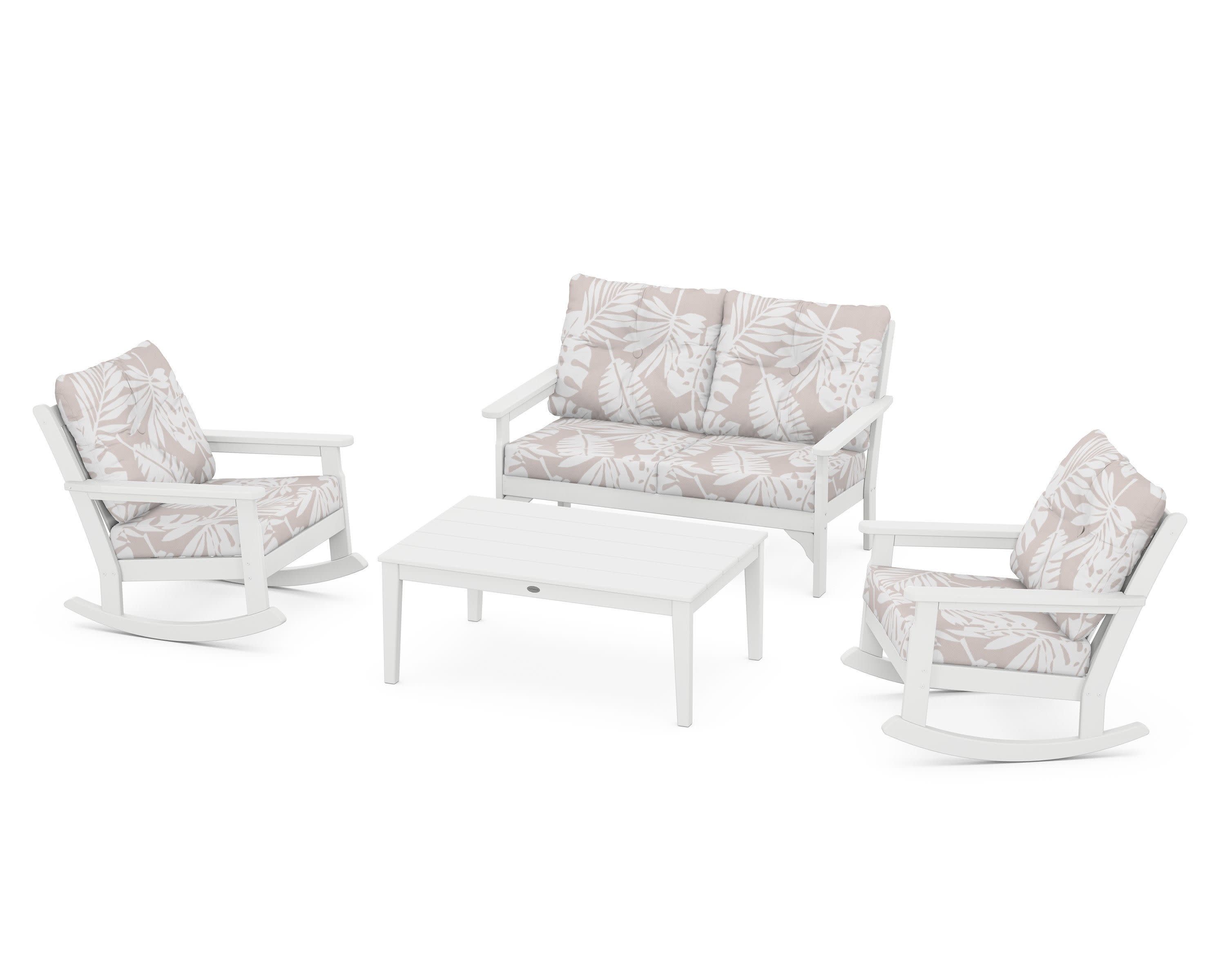 Vineyard 4-Piece Deep Seating Rocking Chair Set in White / Leaf Dune Burlap