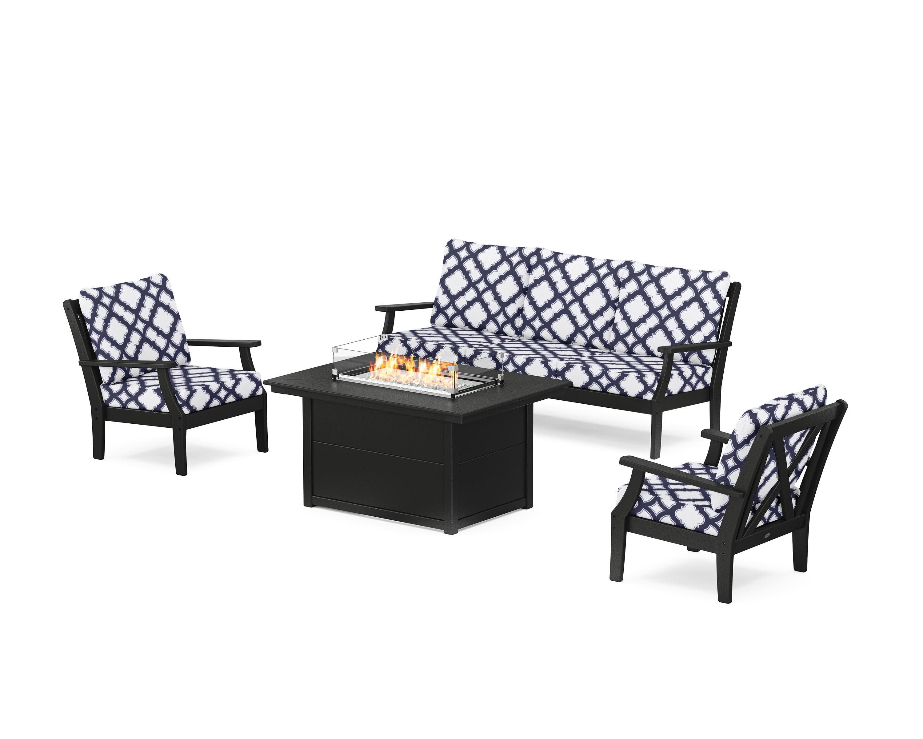 Braxton Deep Seating Fire Pit Table Set in Black / Trellis Navy