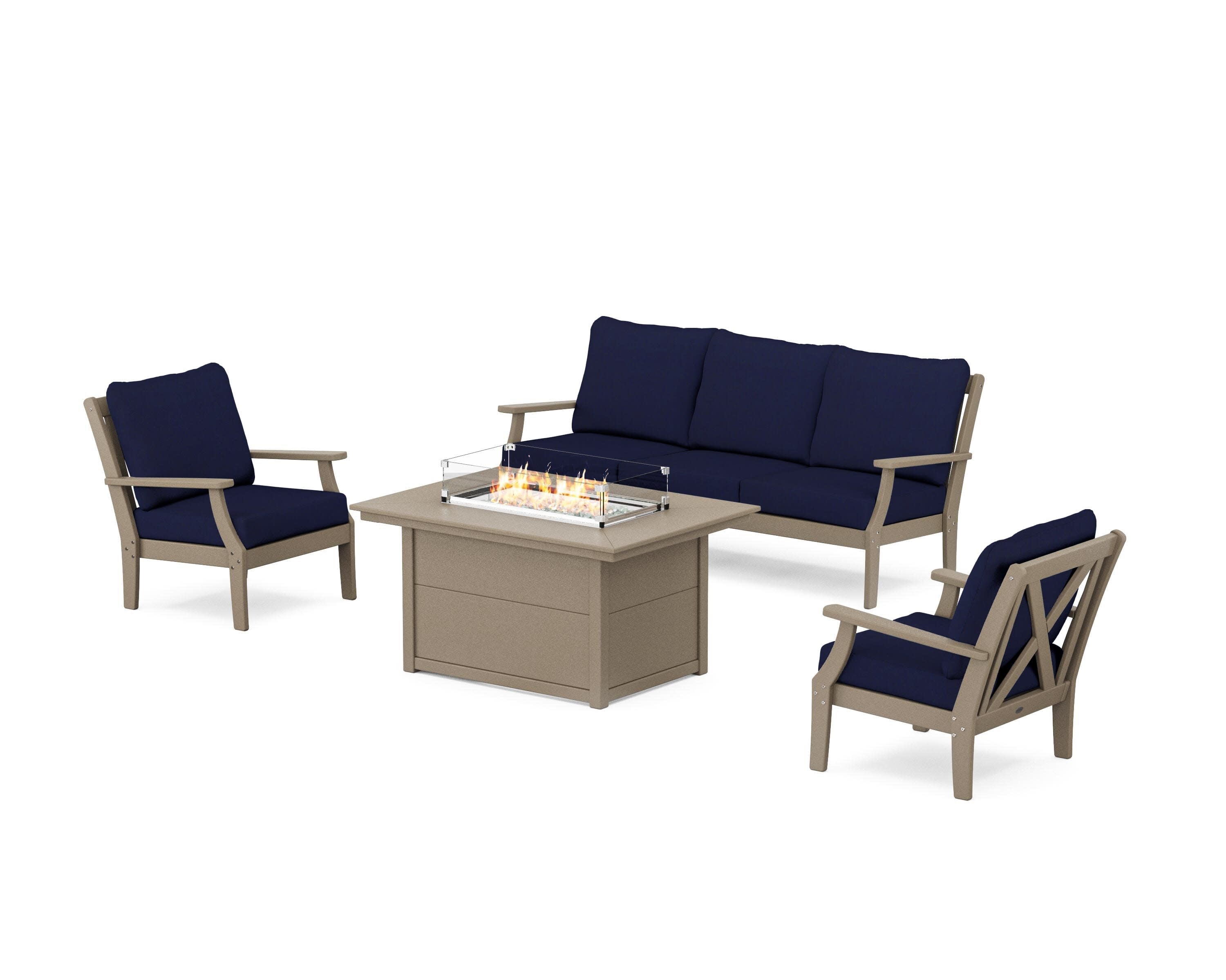 Braxton Deep Seating Fire Pit Table Set in Vintage Sahara / Navy