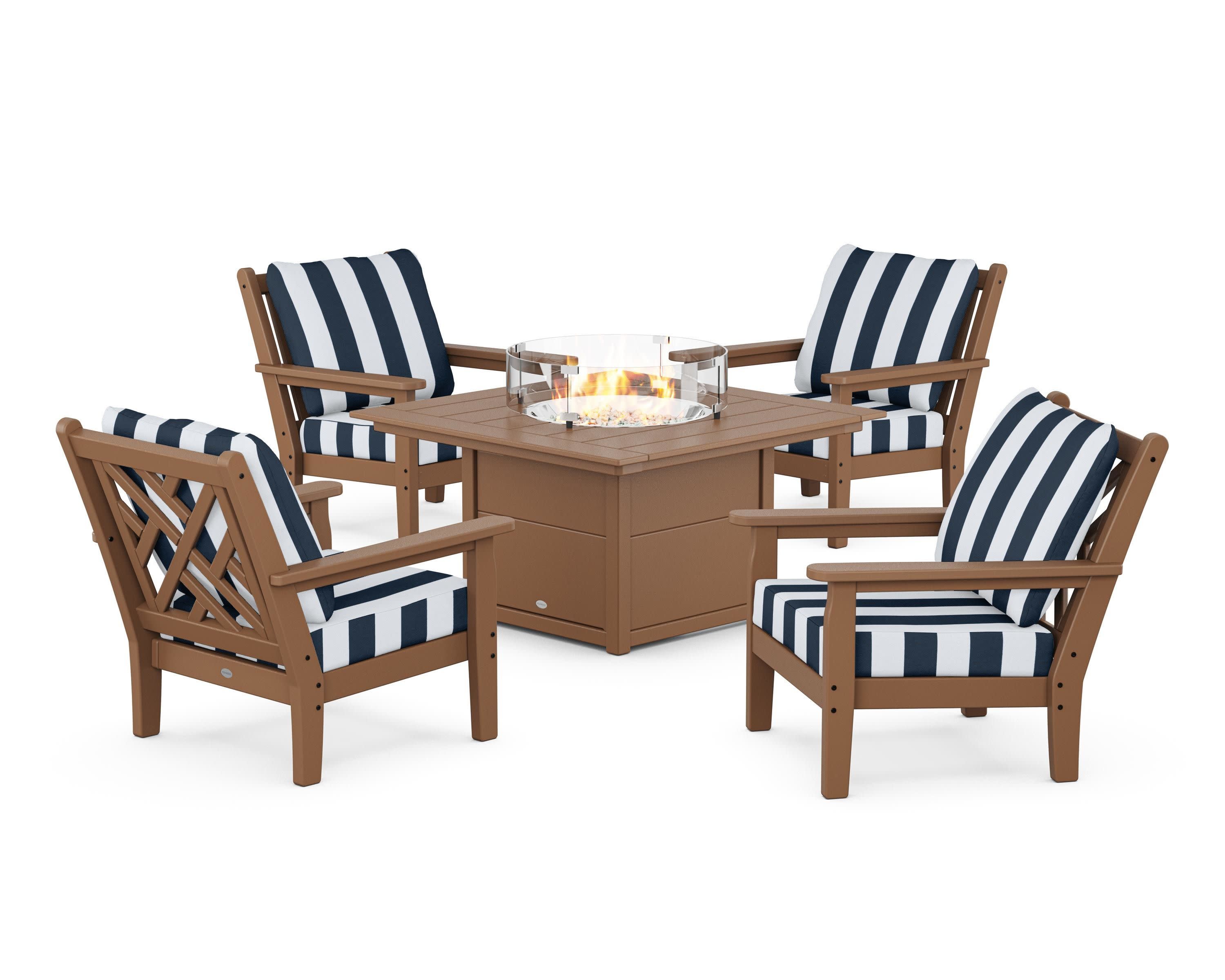 Chippendale 5-Piece Deep Seating Set with Fire Pit Table in Teak / Cabana Stripe Marine Indigo