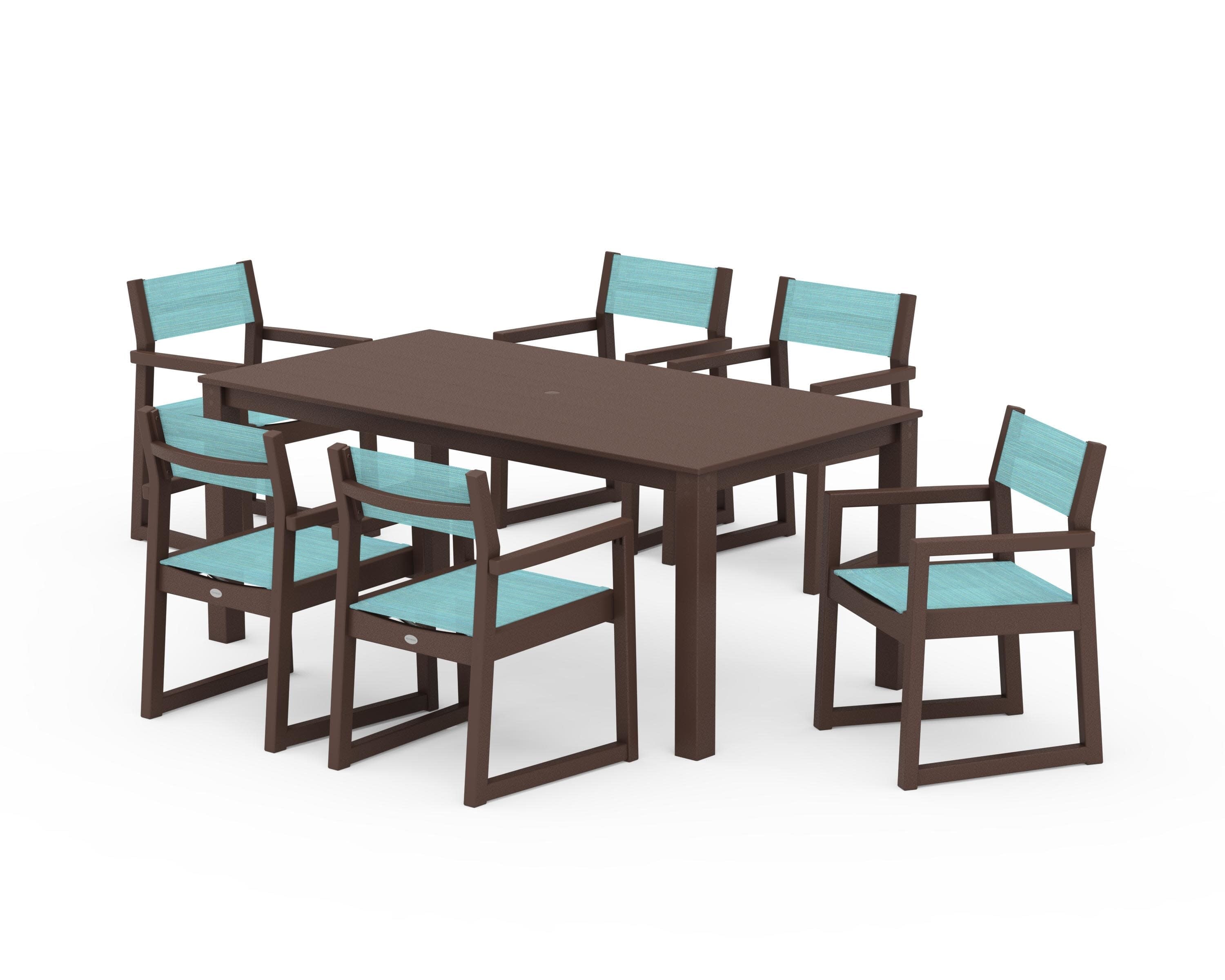 EDGE Sling Arm Chair 7-Piece Parsons Dining Set in Mahogany / Dupioni Aquamarine Sling