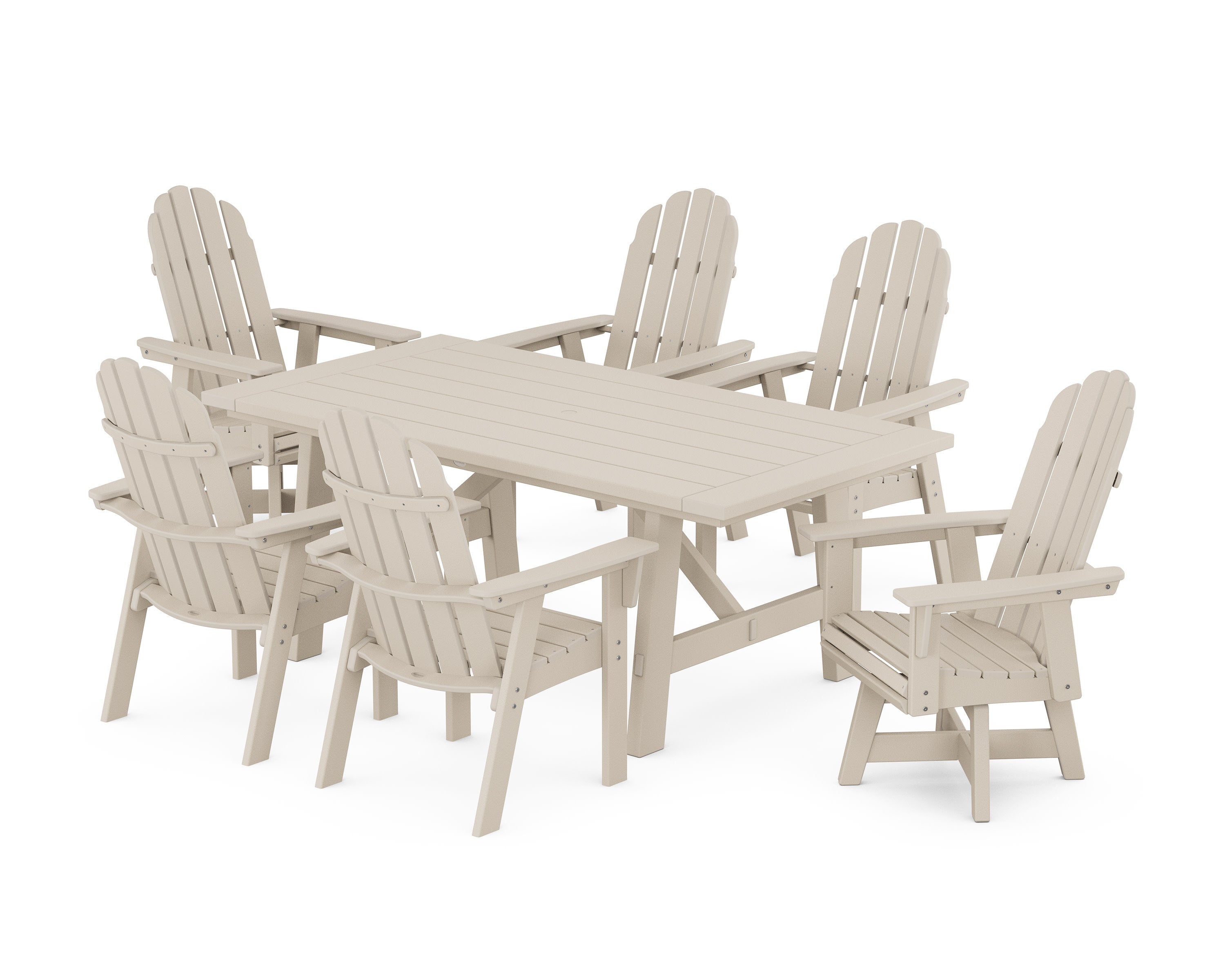 Vineyard Curveback Adirondack Swivel Chair 7-Piece Rustic Farmhouse Dining Set in Sand
