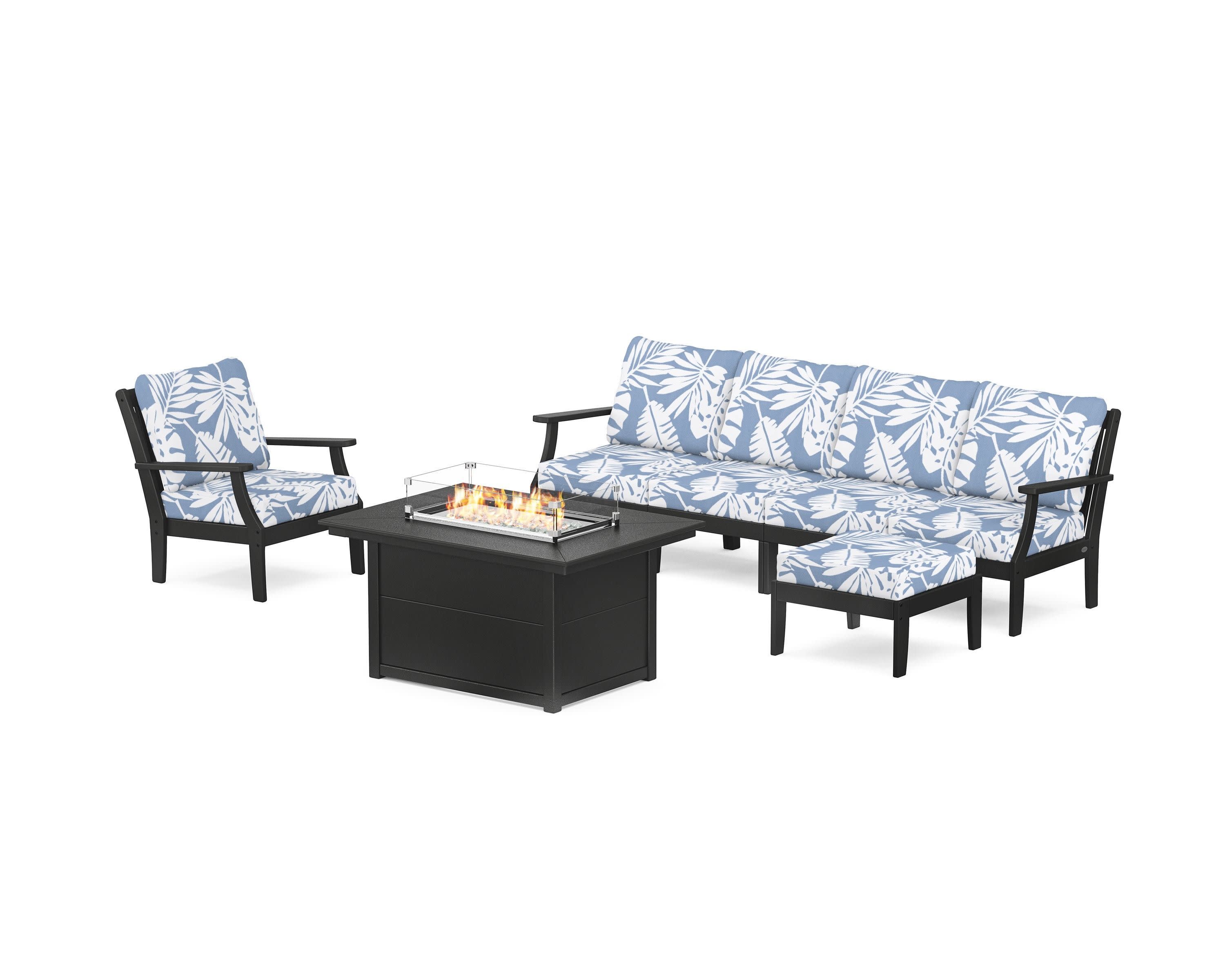 Braxton Sectional Lounge and Fire Pit Set in Black / Leaf Sky Blue