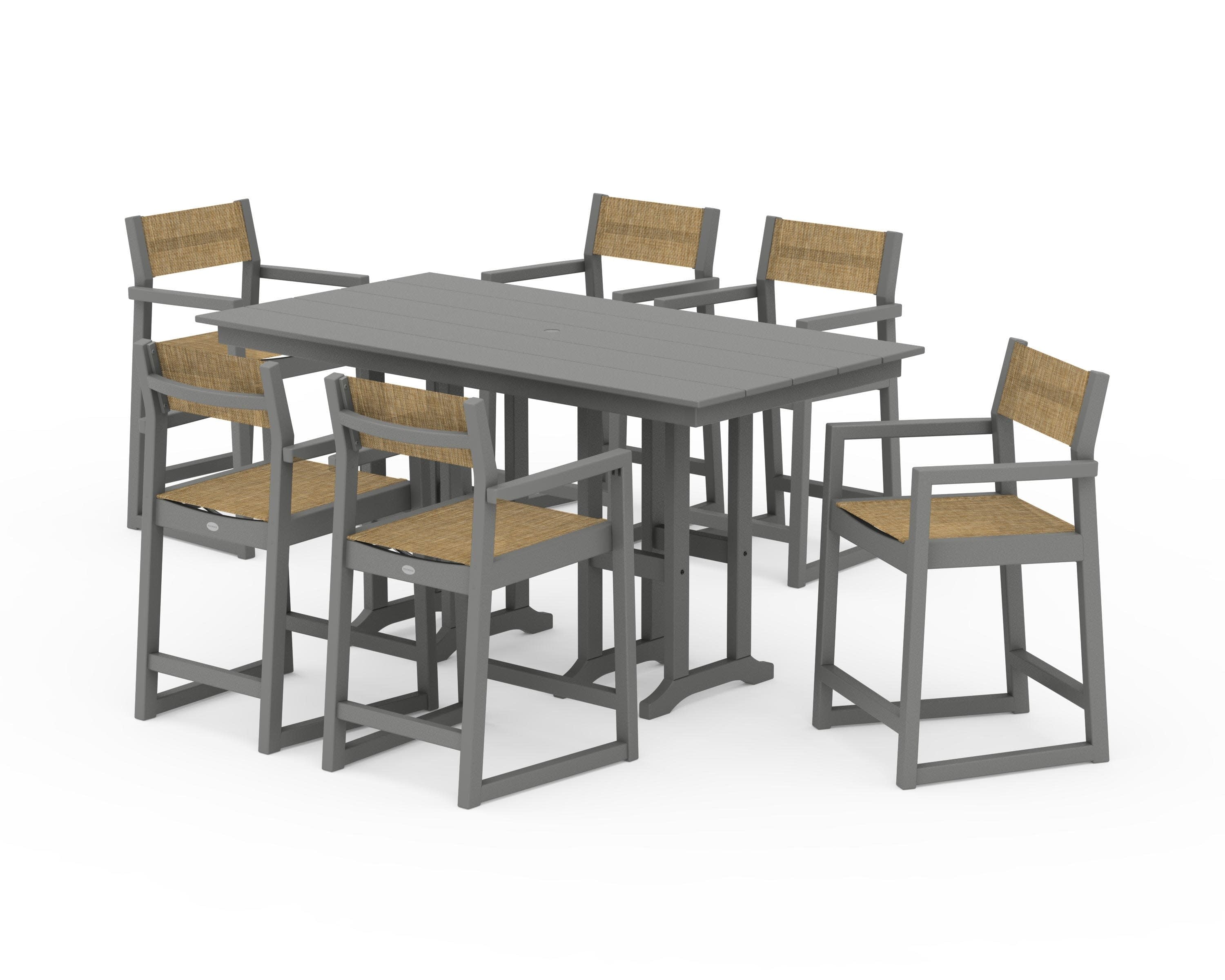 EDGE Sling Arm Chair 7-Piece Farmhouse Counter Set in Slate Grey / Burlap Sling