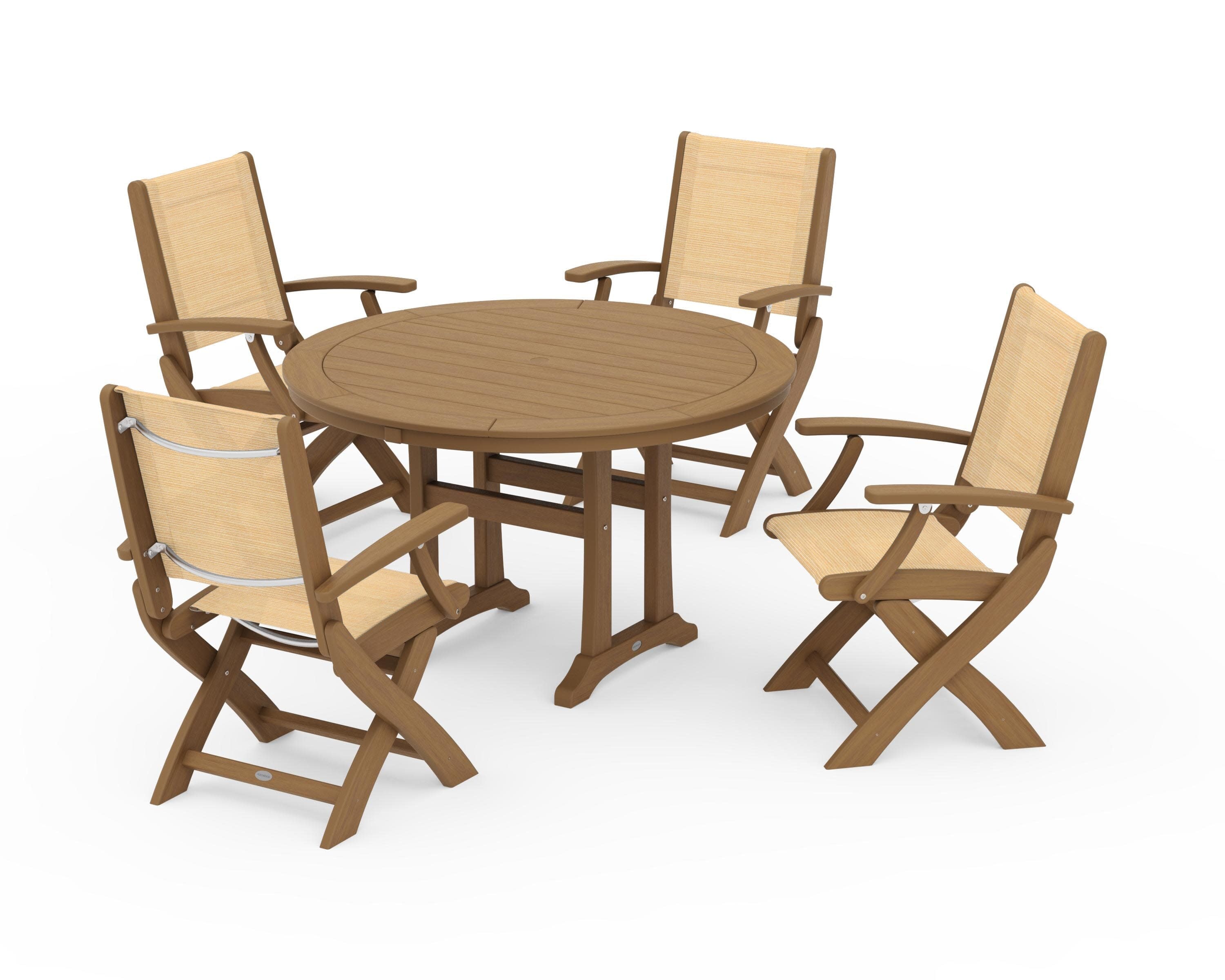 Coastal Folding Chair 5-Piece Round Dining Set with Trestle Legs in Natural / Dupioni Apricot Sling