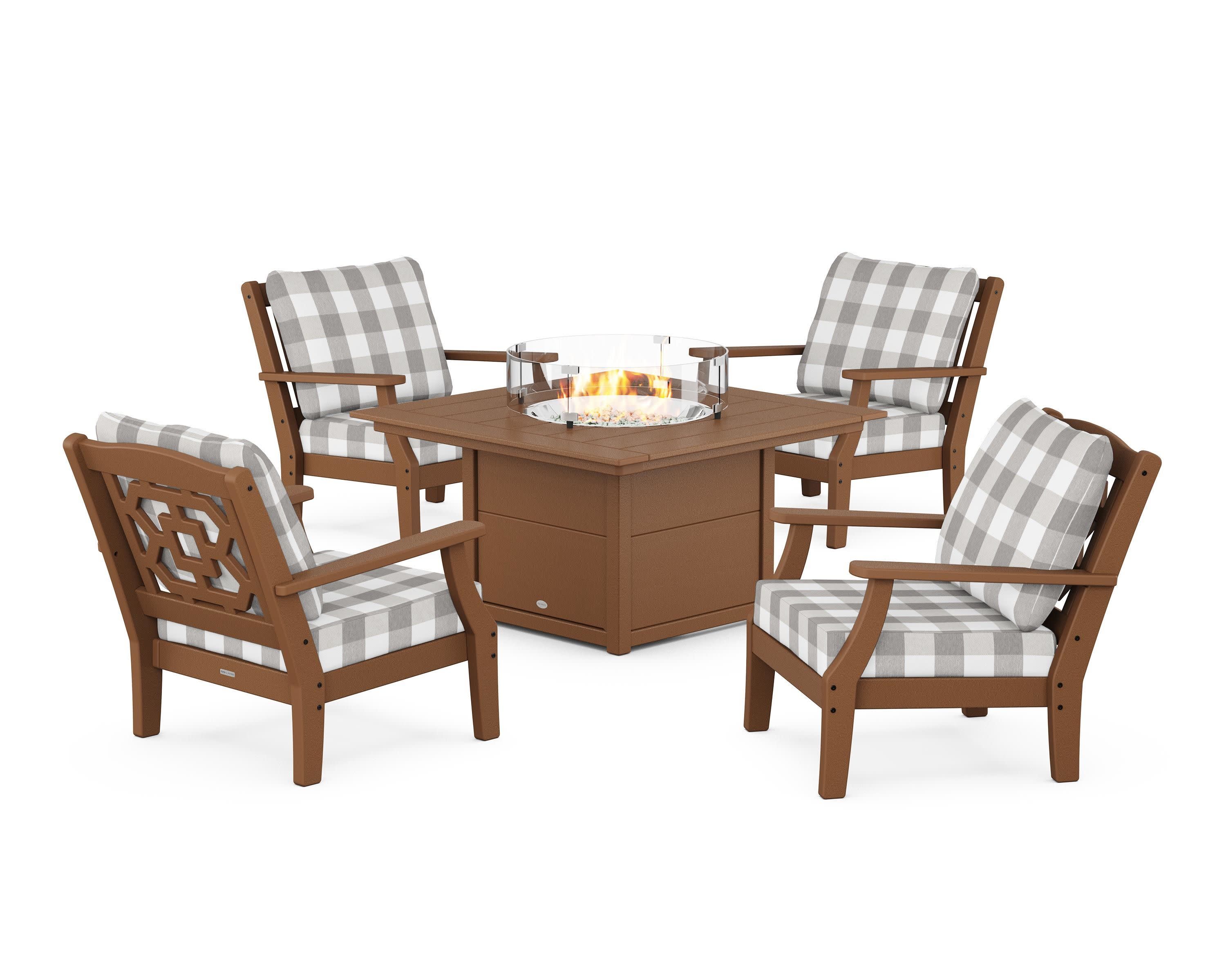 Chinoiserie 5-Piece Deep Seating Set with Fire Pit Table in Teak / Buffalo Plaid Grey Mist