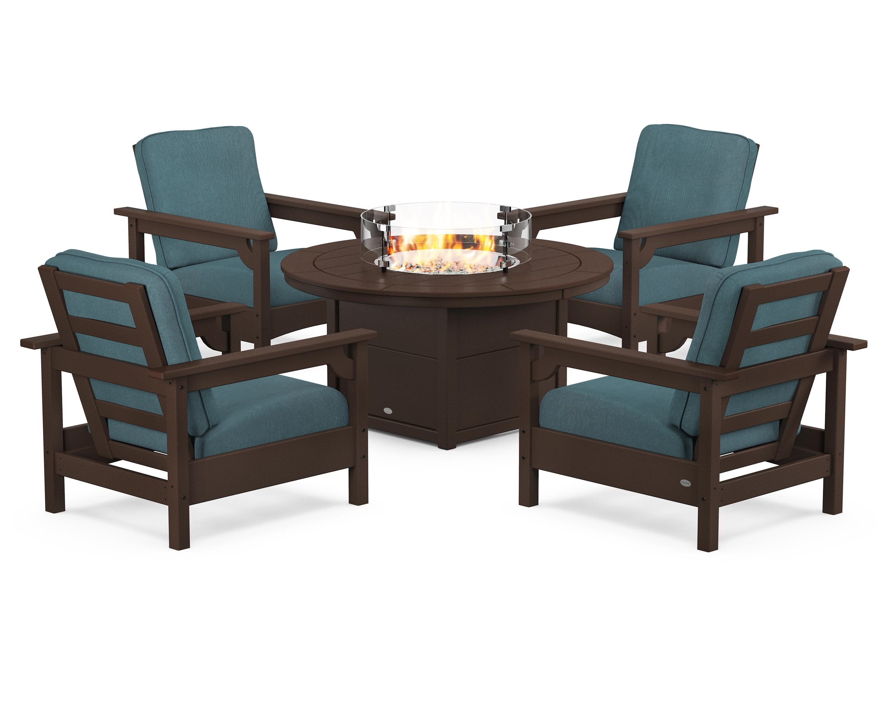 Club 5-Piece Conversation Set with Fire Pit Table in Mahogany / Ocean Teal