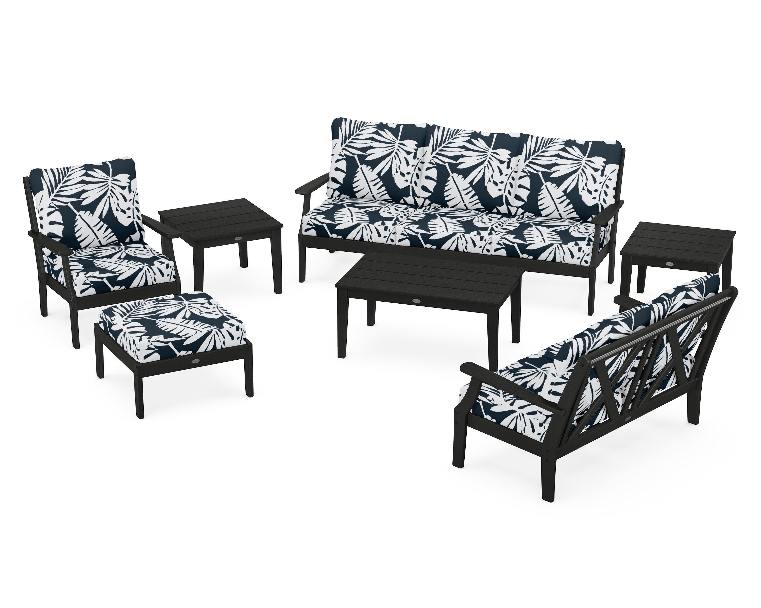 Braxton 7-Piece Deep Seating Set in Black / Leaf Marine Indigo