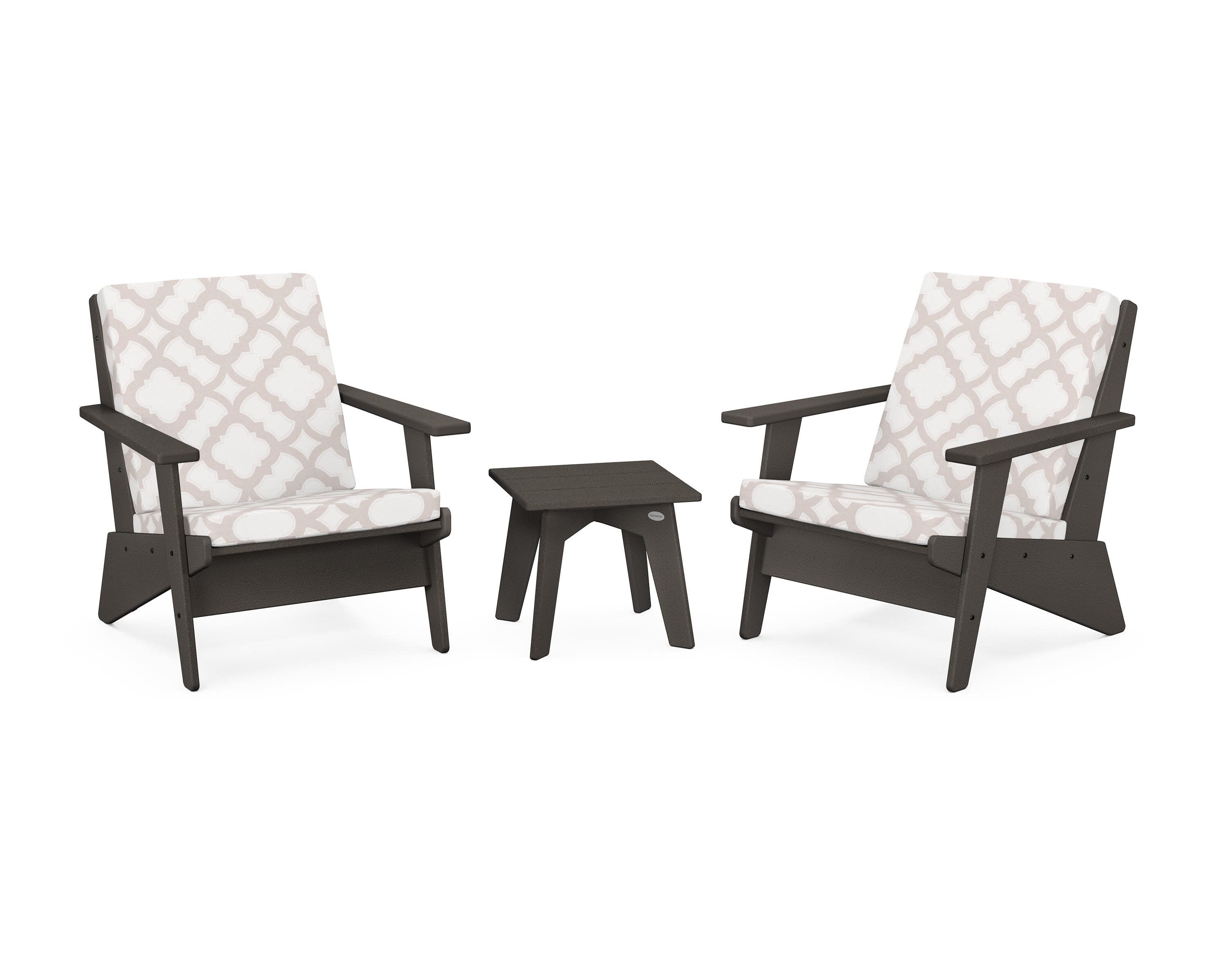 Riviera Modern Lounge 3-Piece Set in Vintage Coffee / Trellis Dune Burlap