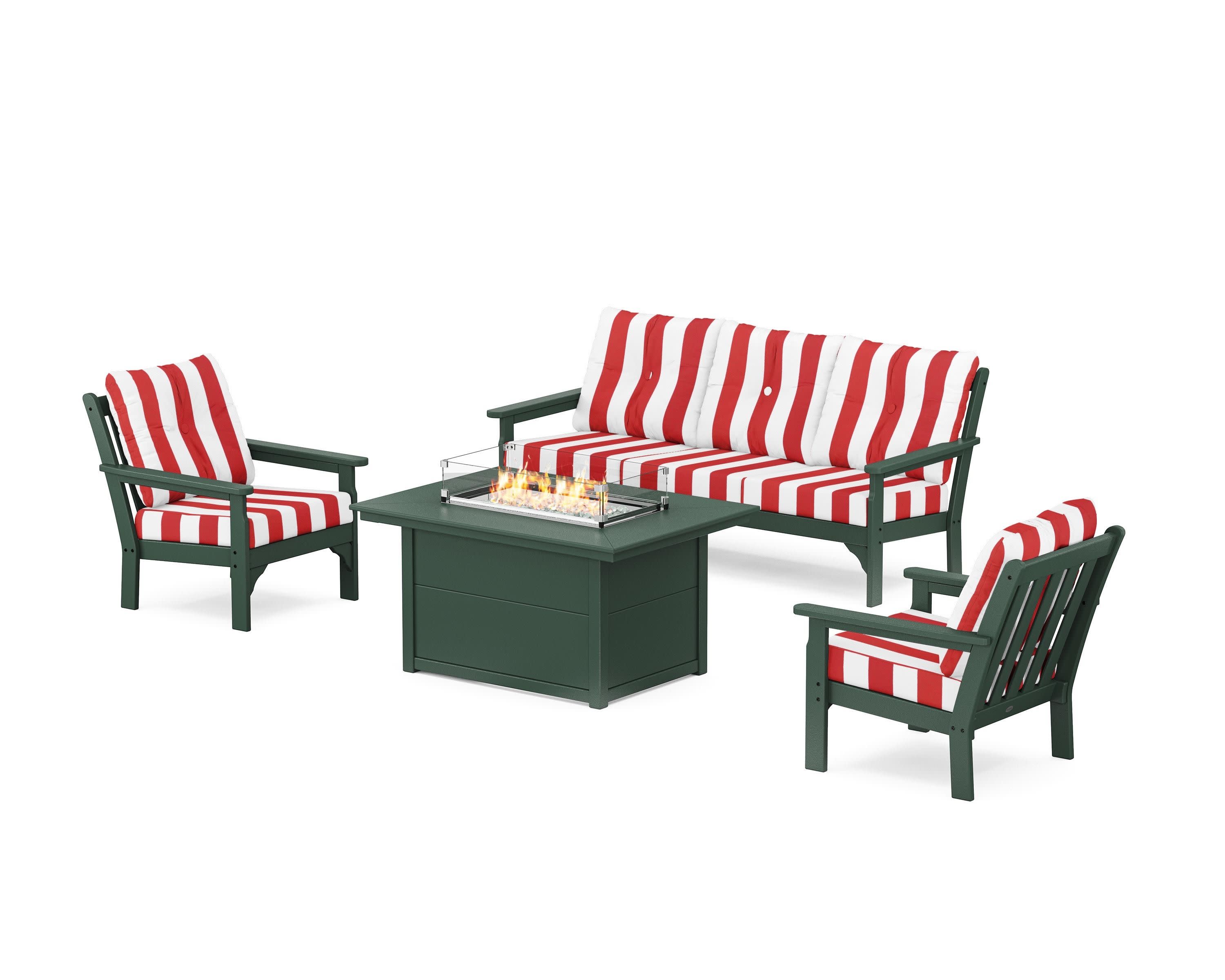 Vineyard Deep Seating Fire Pit Table Set in Green / Cabana Stripe Crimson
