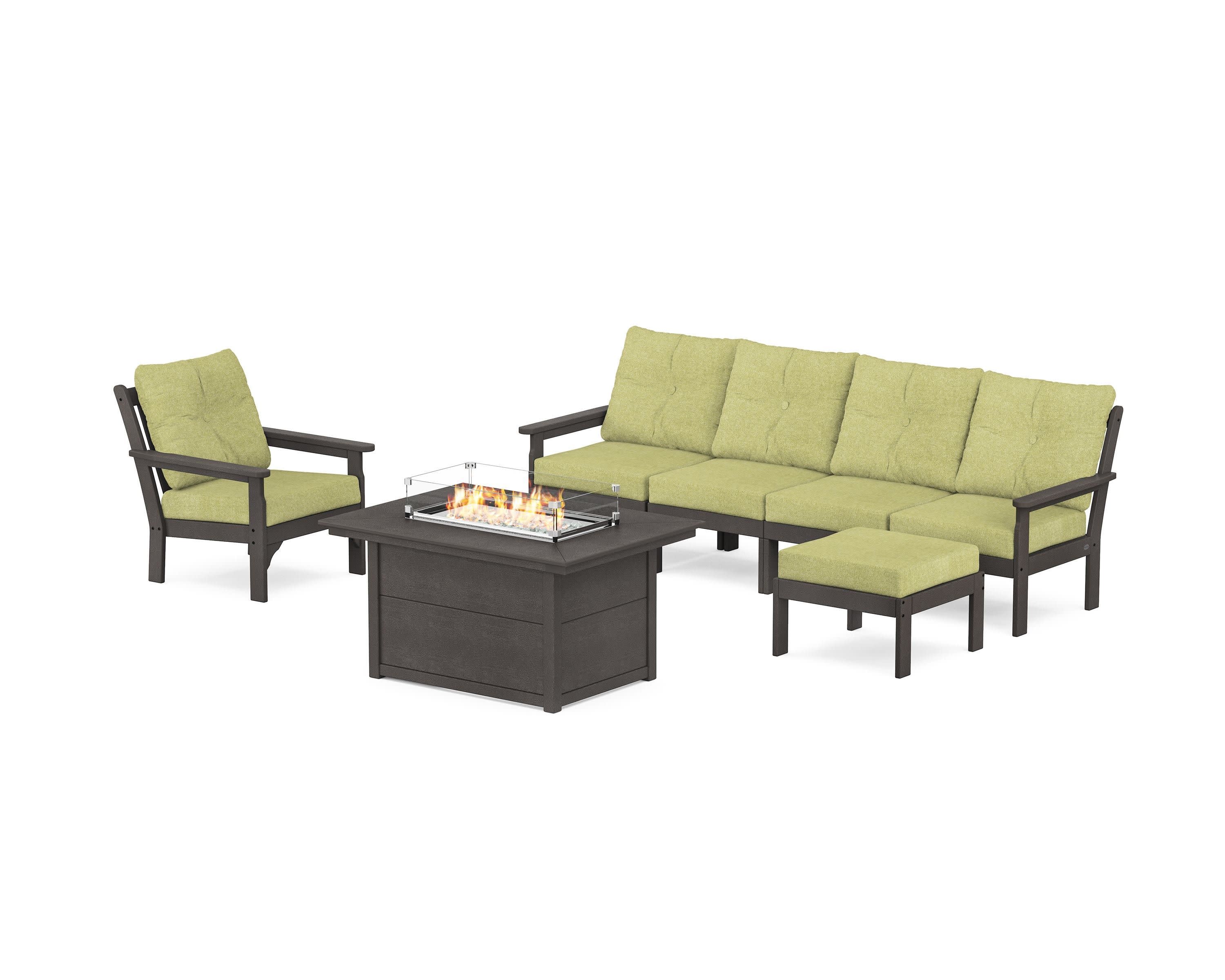 Vineyard Sectional Lounge and Fire Pit Set in Vintage Coffee / Chartreuse Boucle
