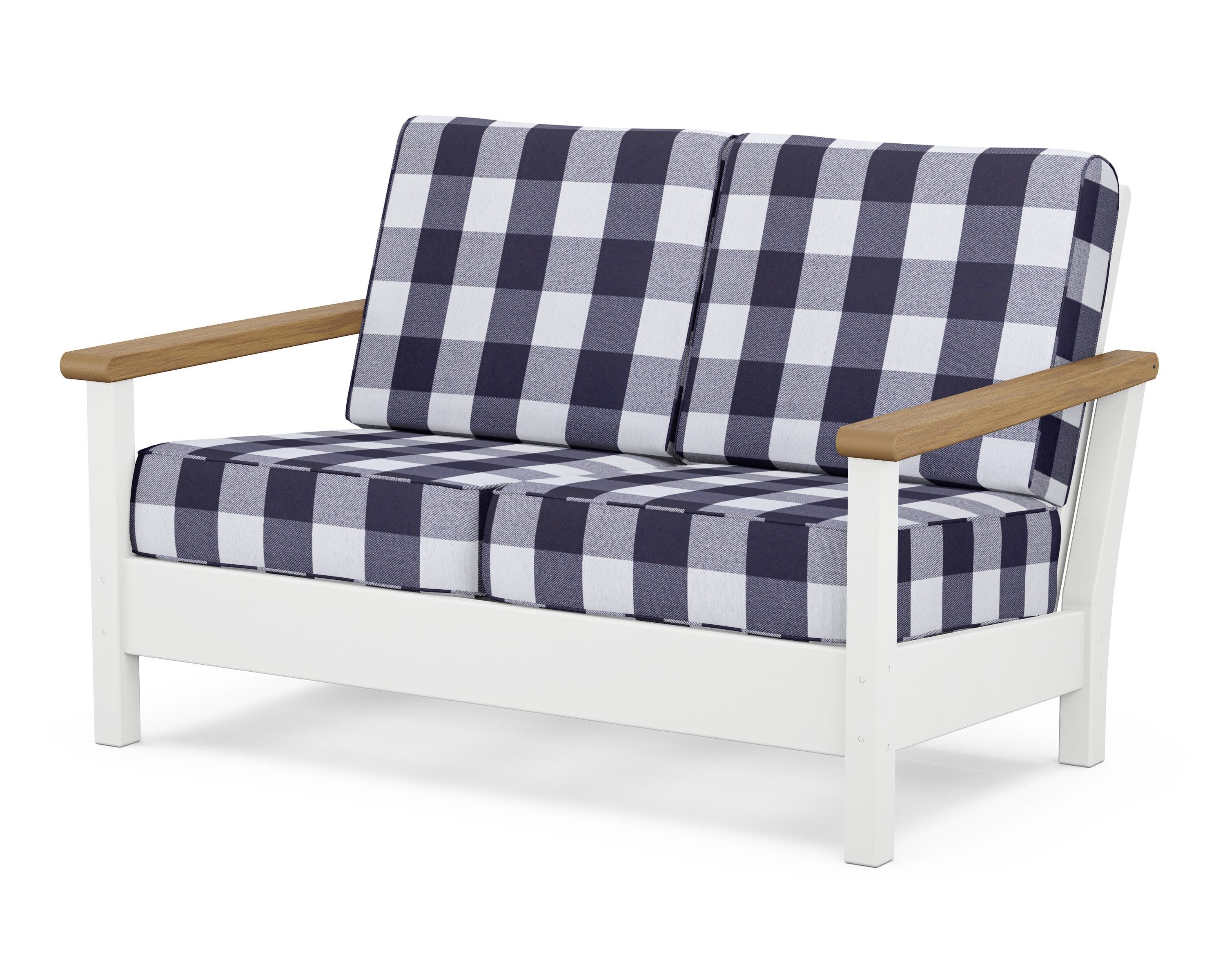 Harbour Deep Seating Loveseat in White / Natural / Buffalo Plaid Navy