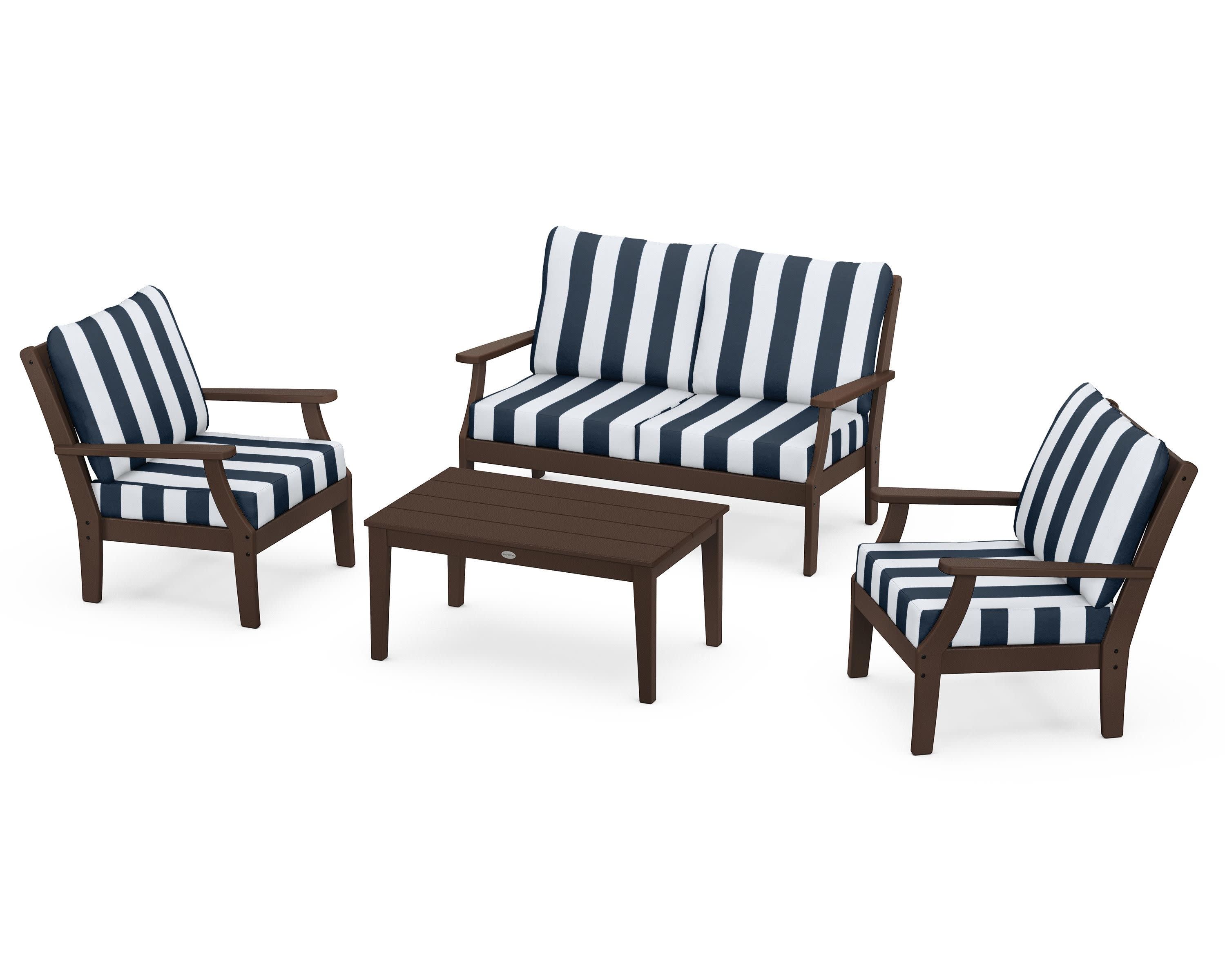 Braxton 4-Piece Deep Seating Chair Set in Mahogany / Cabana Stripe Marine Indigo