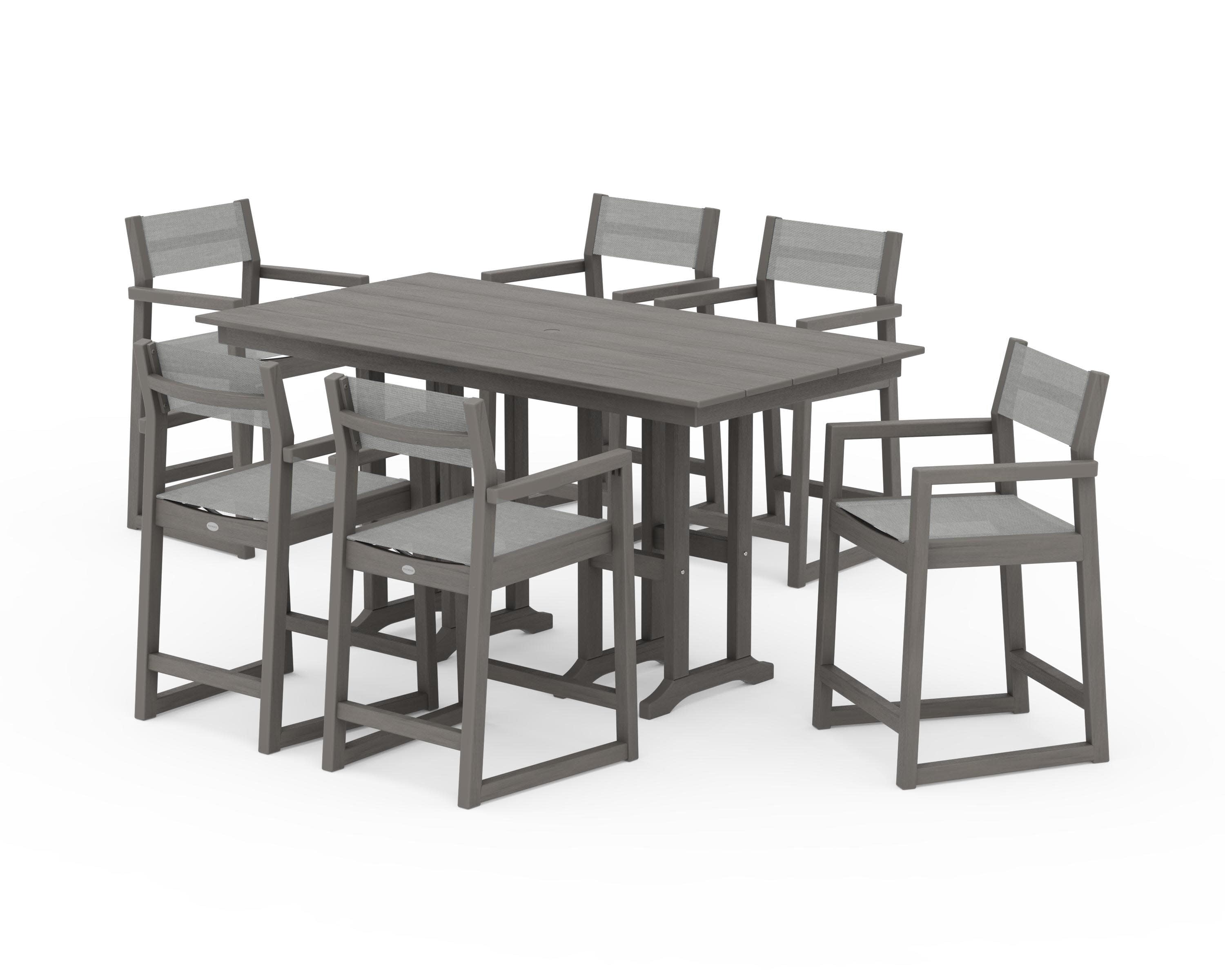 EDGE Sling Arm Chair 7-Piece Farmhouse Counter Set in Driftwood / Metallic Sling