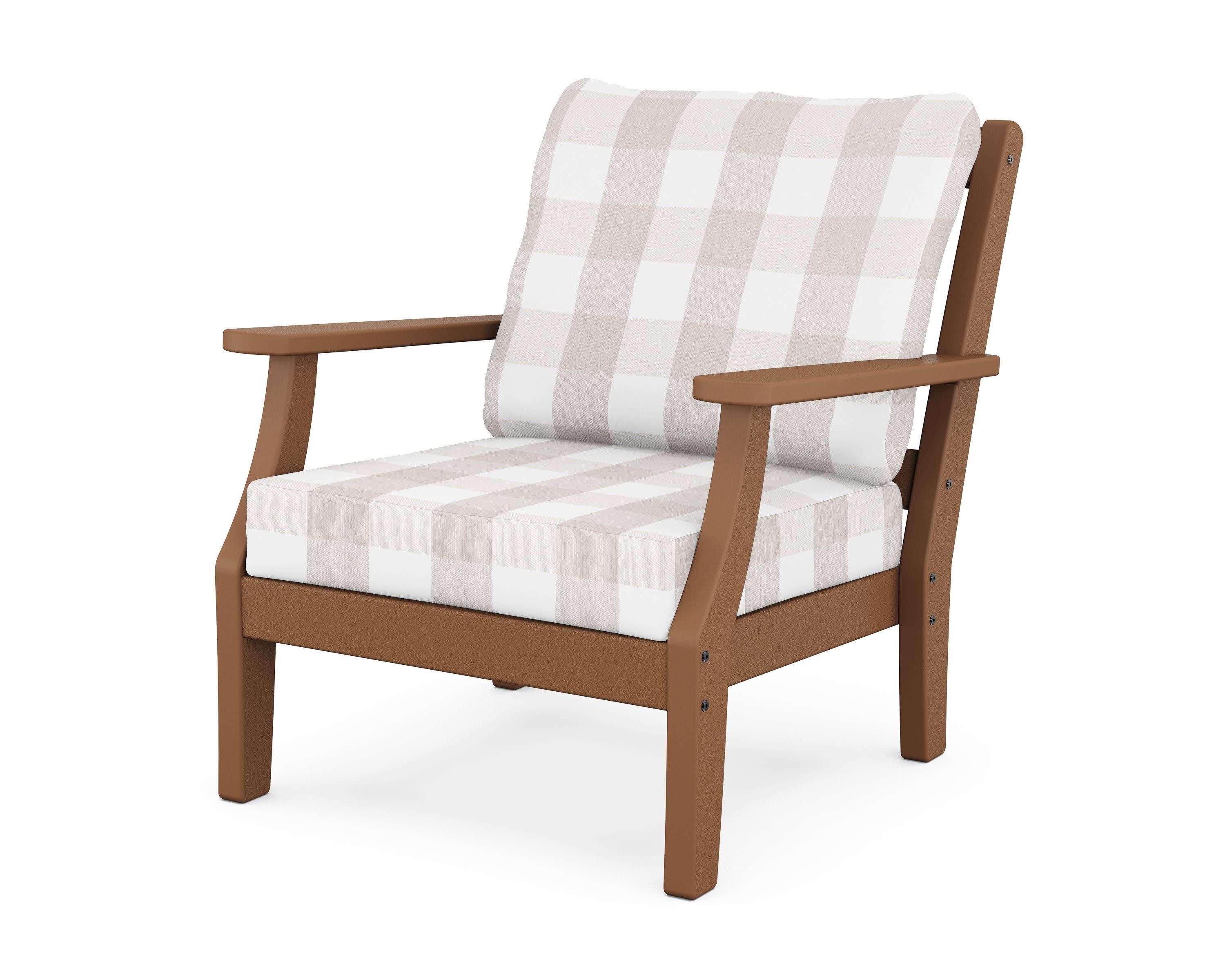 Chinoiserie Deep Seating Chair in Teak / Buffalo Plaid Dune Burlap