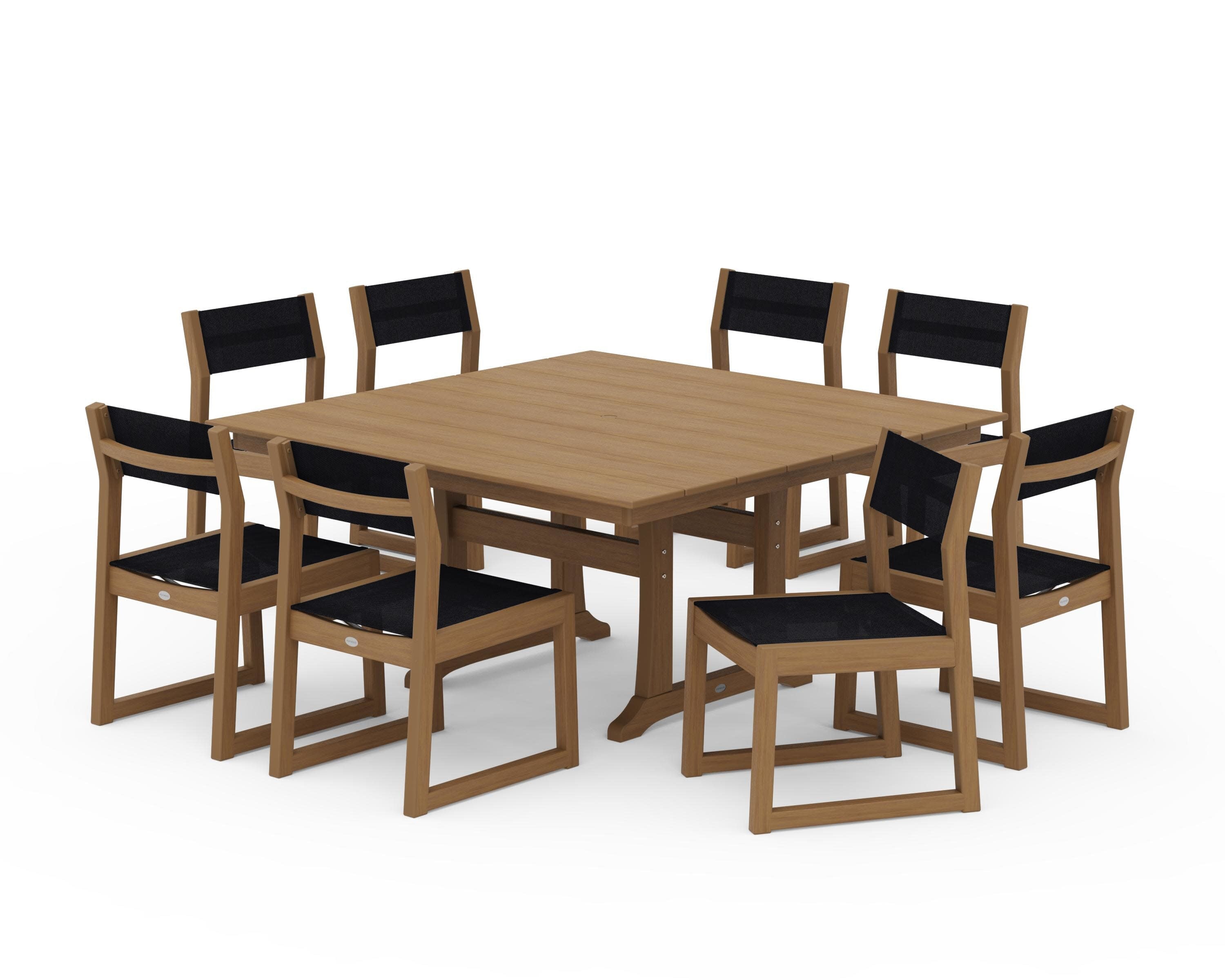 EDGE Sling Side Chair 9-Piece Farmhouse Trestle Dining Set in Natural / Black Sling