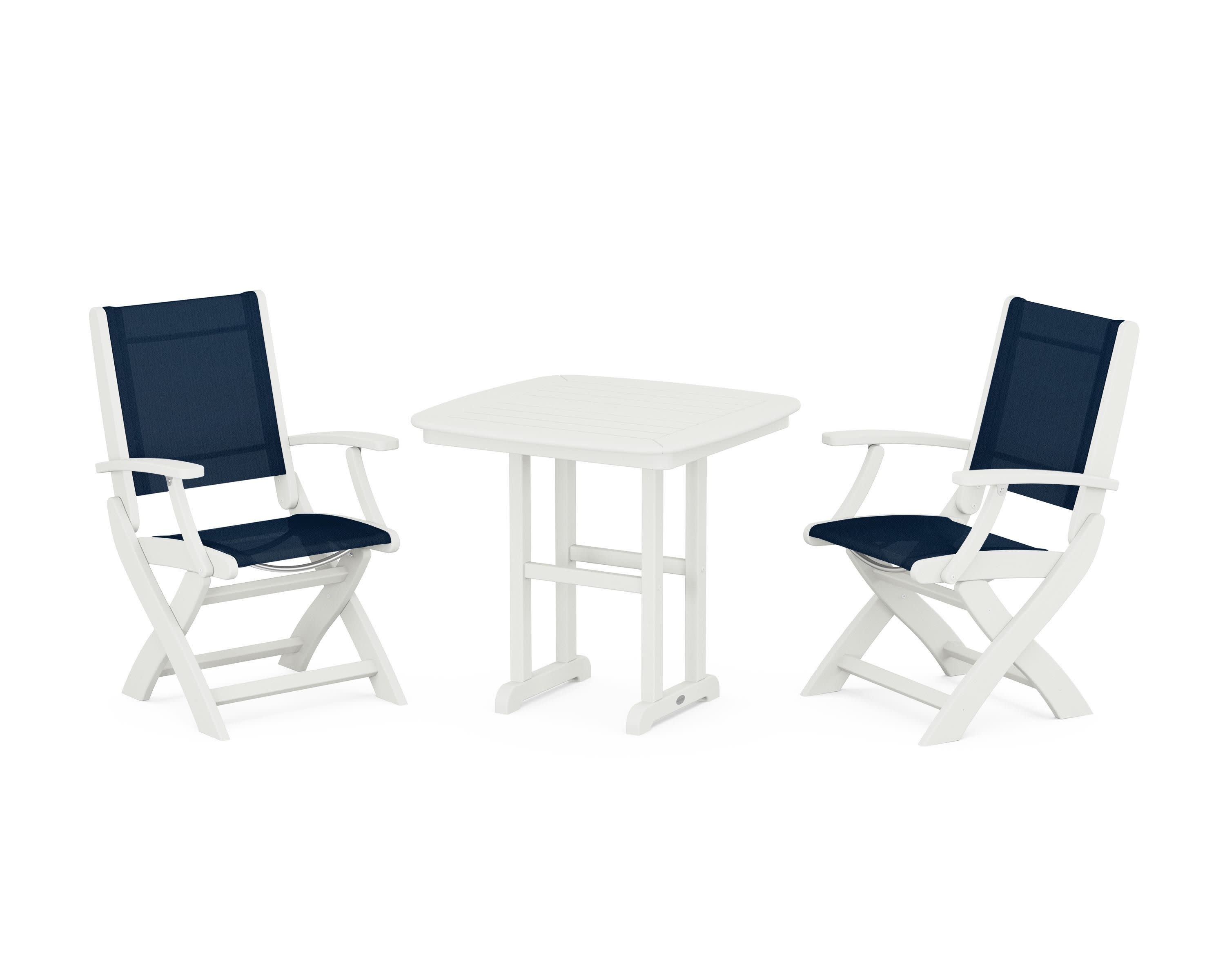 Coastal Folding Chair 3-Piece Dining Set in Vintage White / Navy Blue Sling