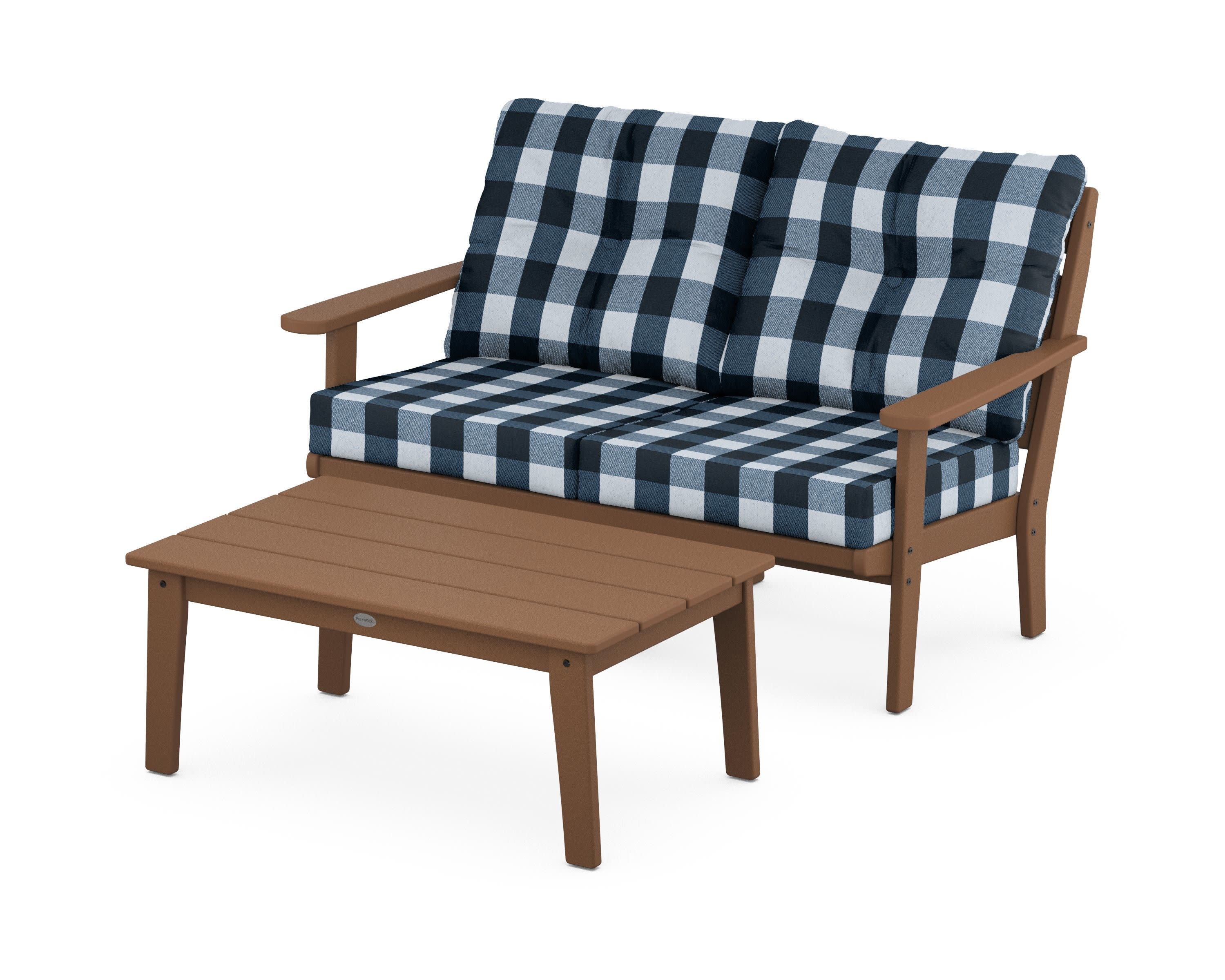 Lakeside 2-Piece Lounge Loveseat Set in Teak / Buffalo Plaid Marine Indigo