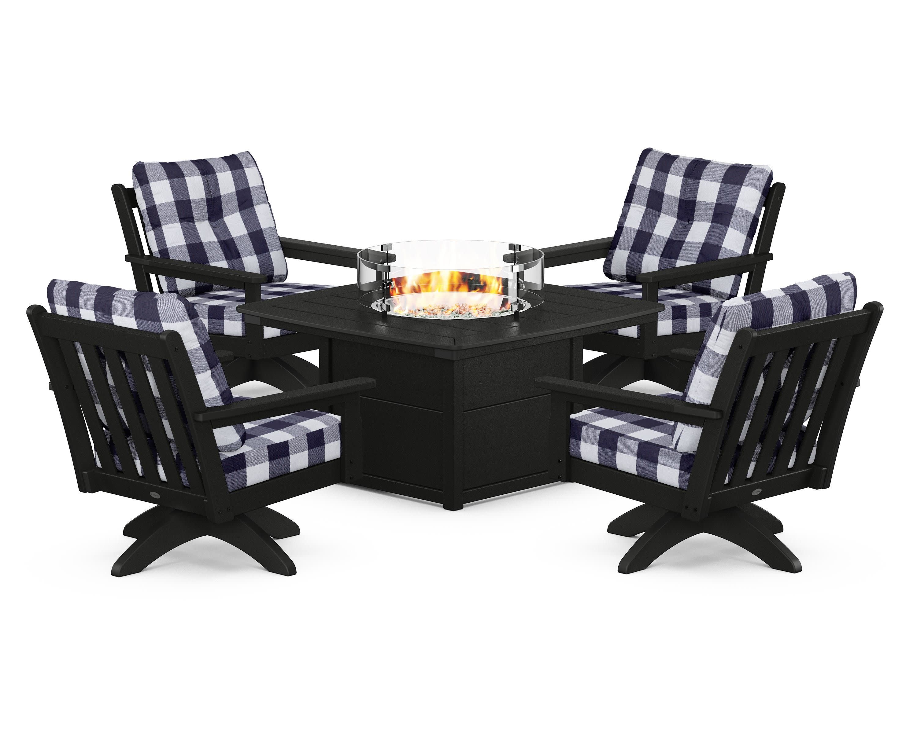 Vineyard 5-Piece Deep Seating Swivel Conversation Set with Fire Pit Table in Black / Buffalo Plaid Navy