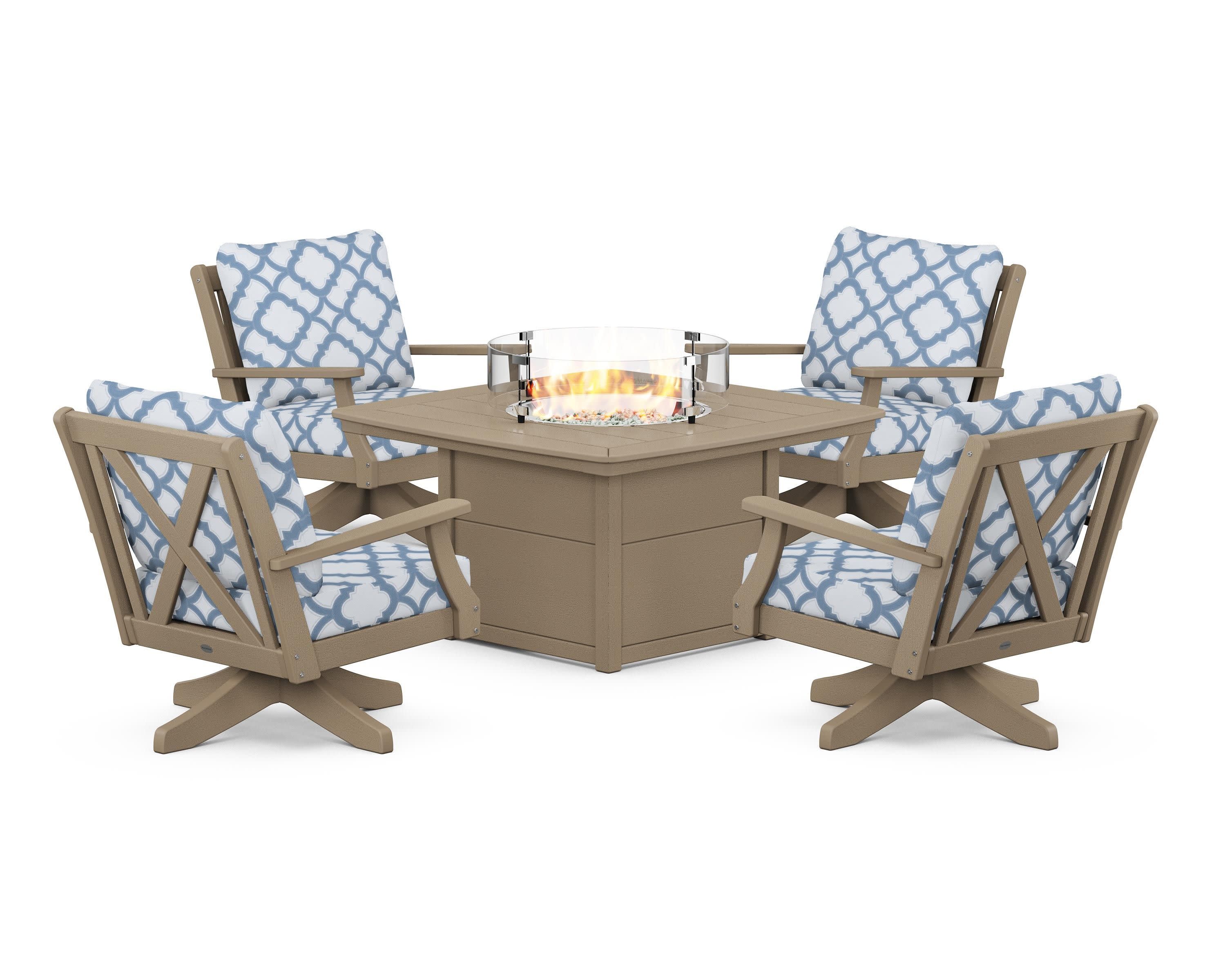 Braxton 5-Piece Deep Seating Swivel Conversation Set with Fire Pit Table in Vintage Sahara / Trellis Sky Blue