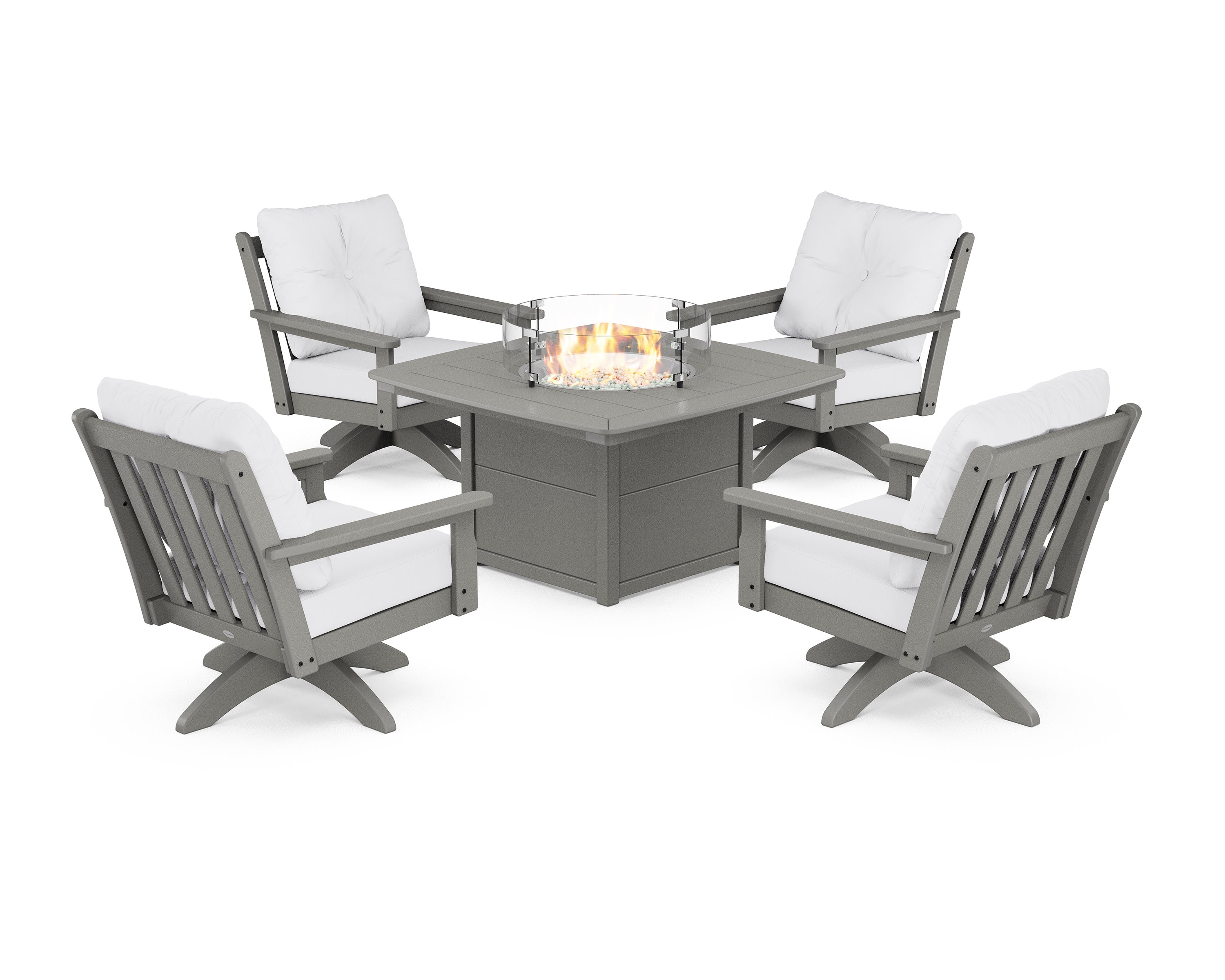 Vineyard 5-Piece Deep Seating Swivel Conversation Set with Fire Pit Table in Slate Grey / Natural