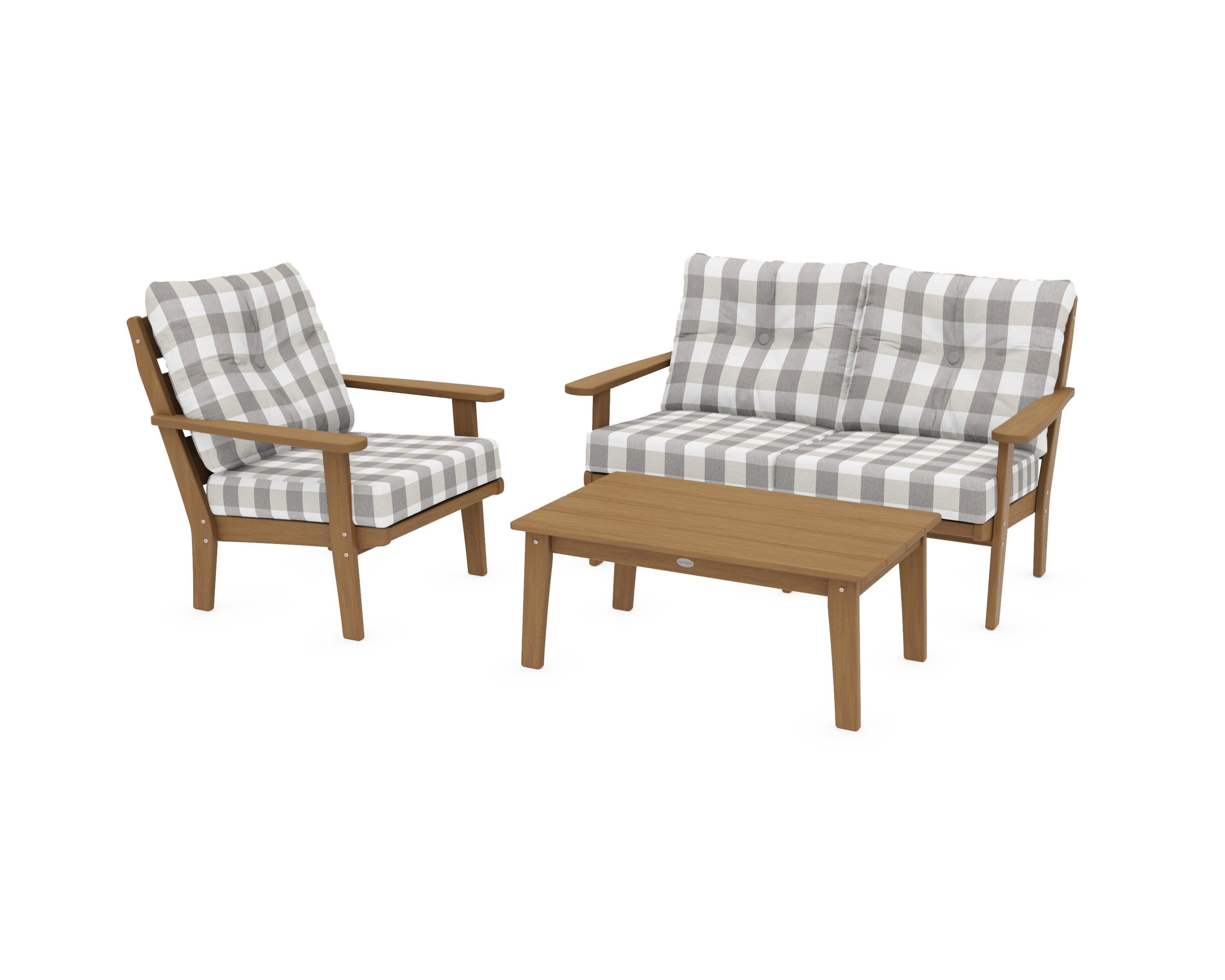 Lakeside 3-Piece Deep Seating Set in Natural / Buffalo Plaid Grey Mist