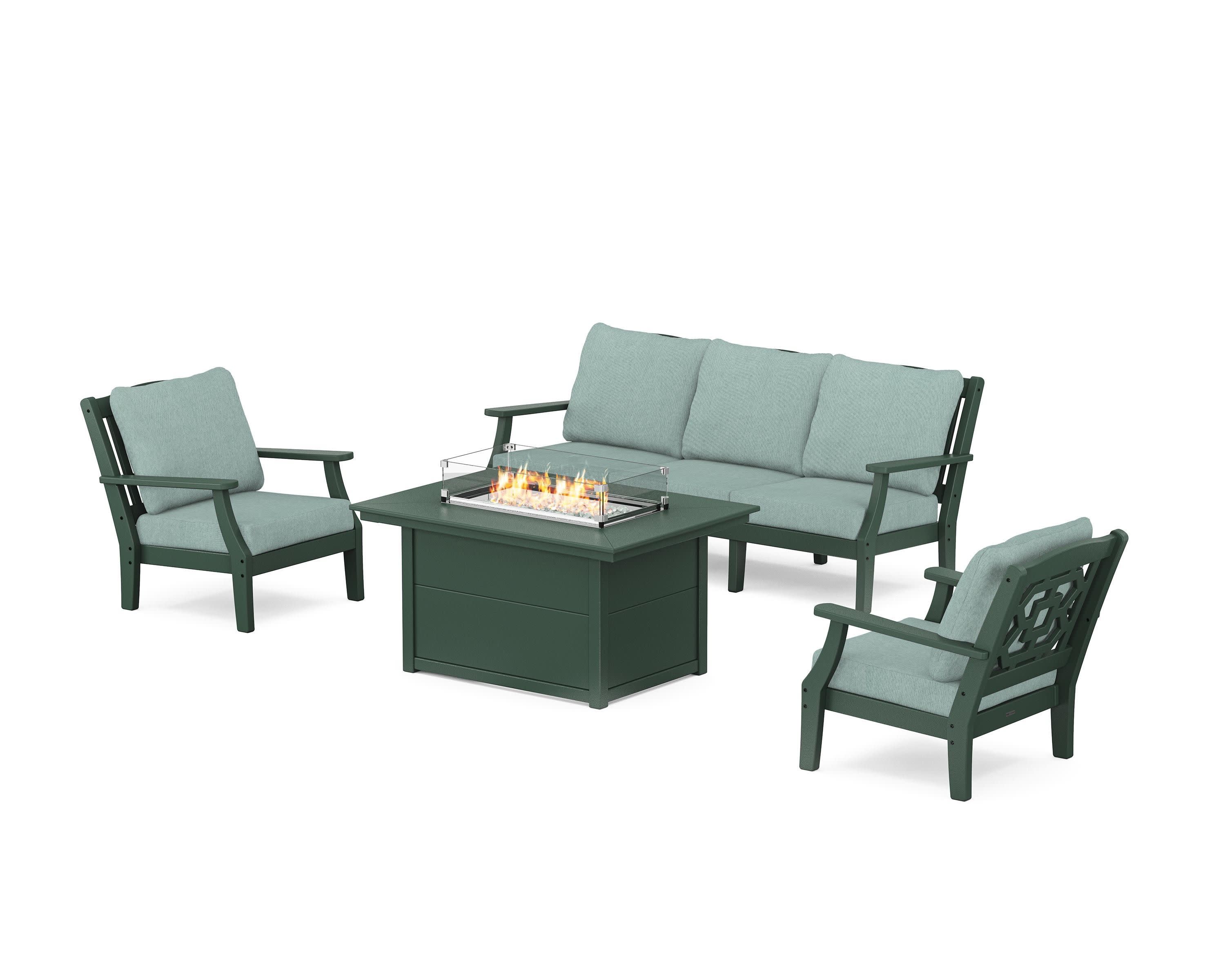 Chinoiserie Deep Seating Fire Pit Table Set in Green / Glacier Spa