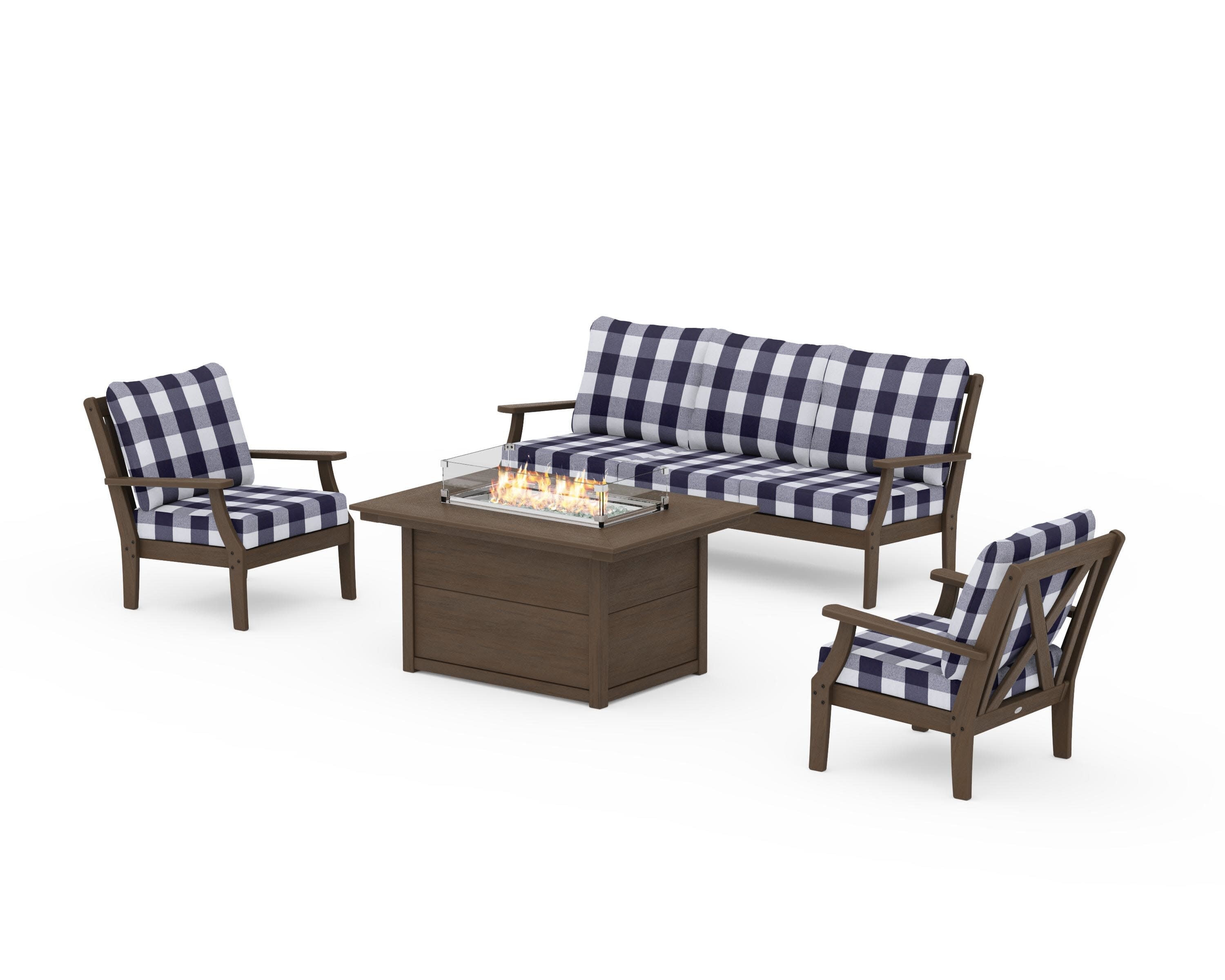 Braxton Deep Seating Fire Pit Table Set in Kona / Buffalo Plaid Navy