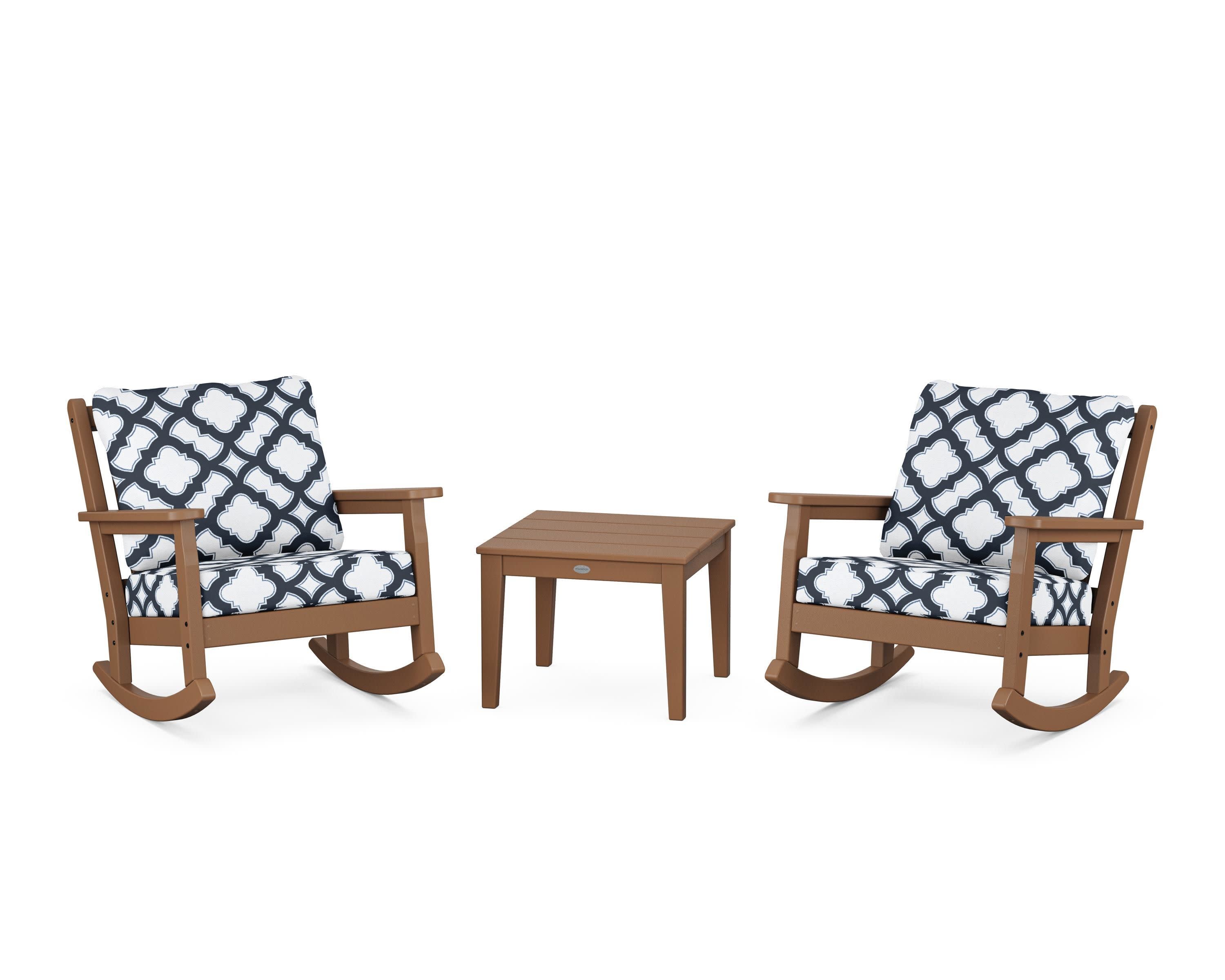 Chippendale 3-Piece Deep Seating Rocker Set in Teak / Trellis Marine Indigo