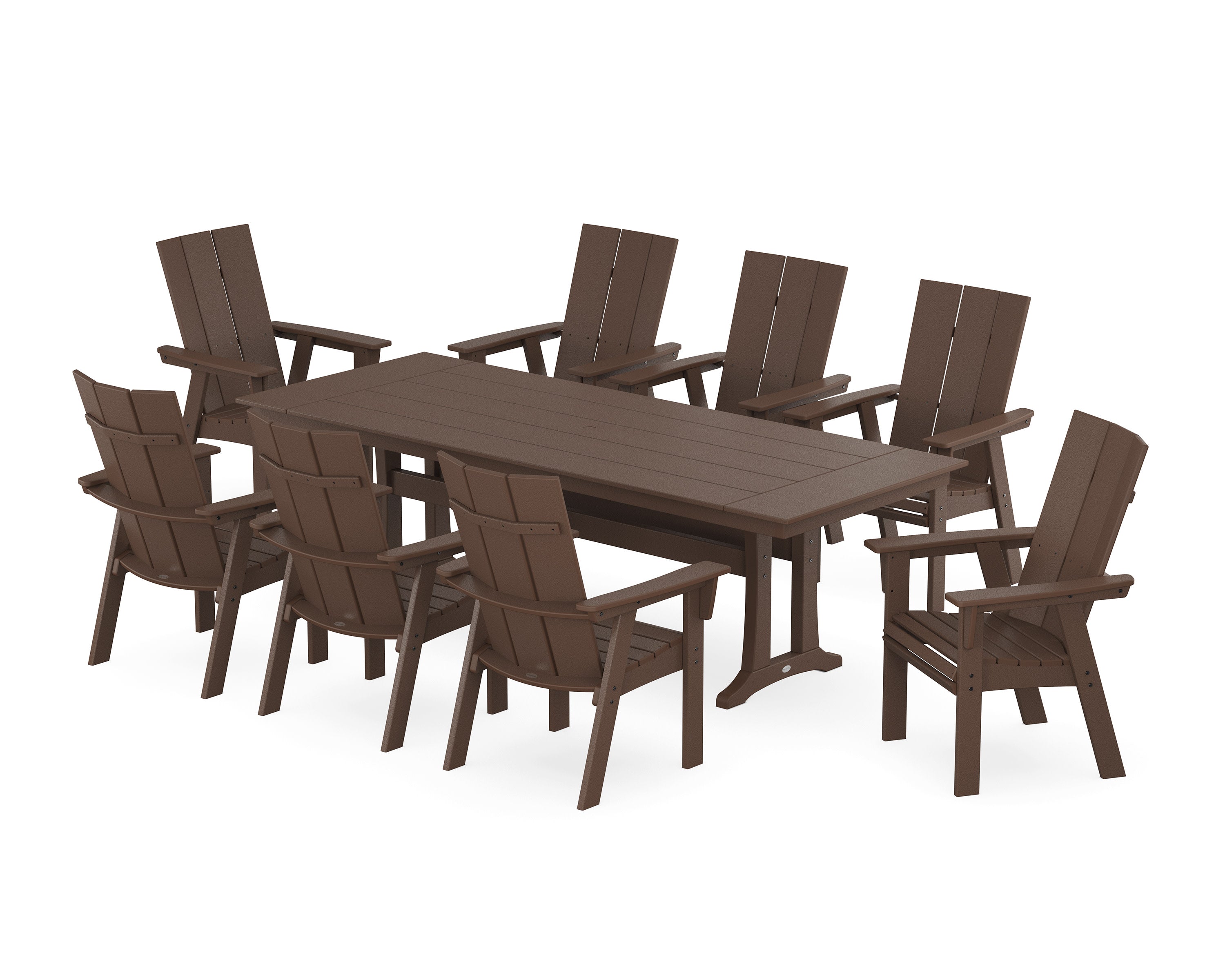 Modern Curveback Adirondack 9-Piece Farmhouse Dining Set with Trestle Legs in Mahogany