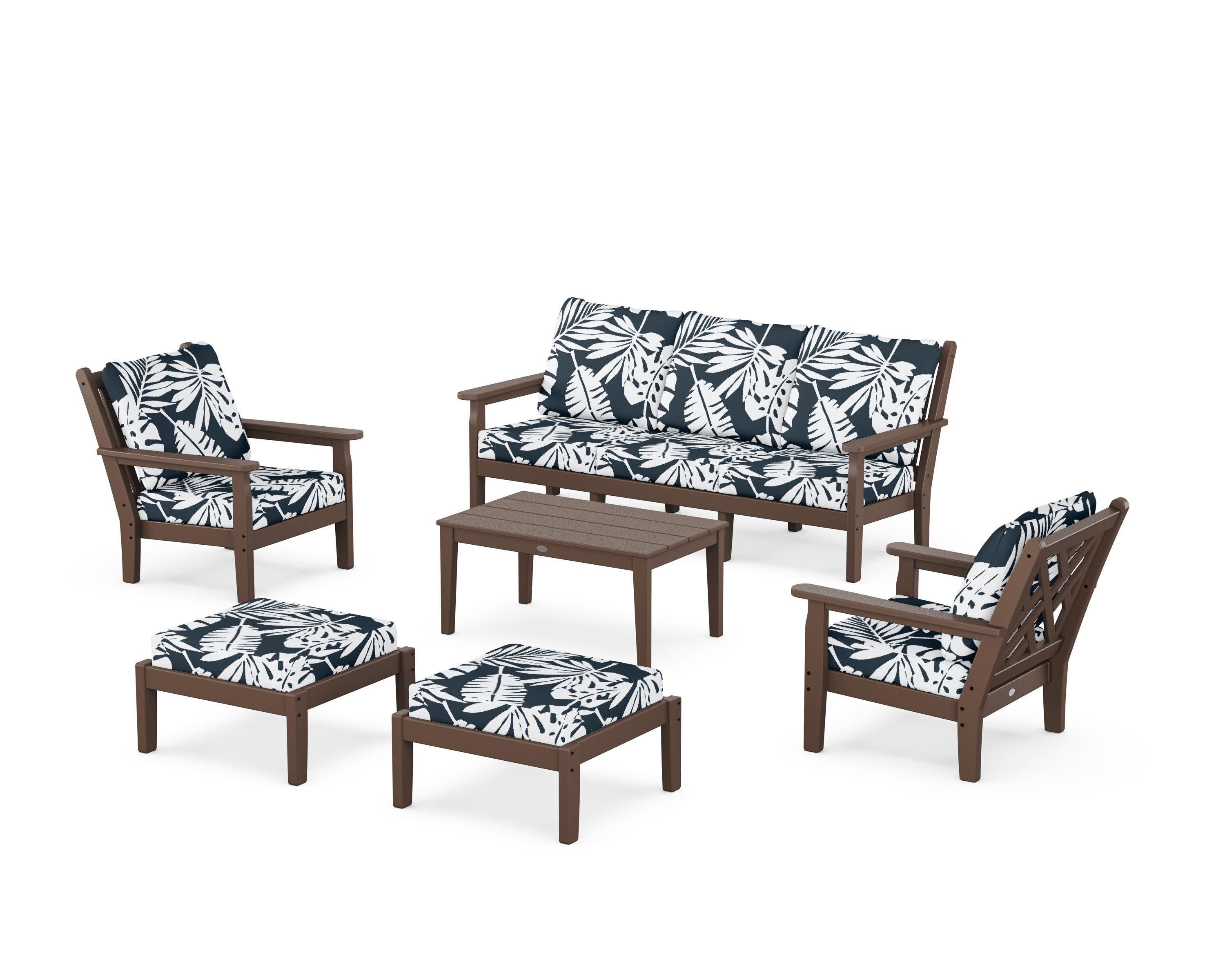 Chippendale 6-Piece Lounge Sofa Set in Mahogany / Leaf Marine Indigo