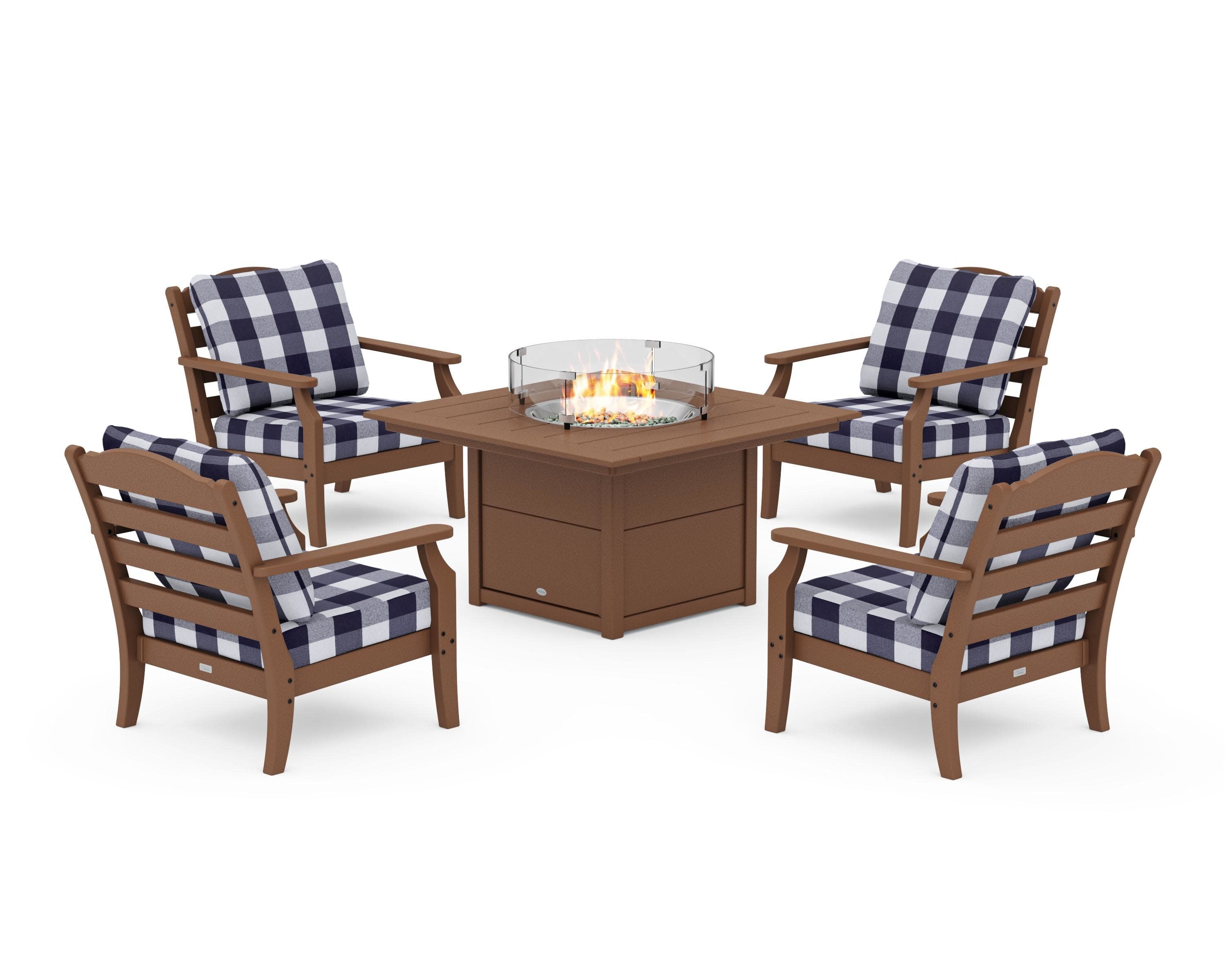 Savannah 5-Piece Deep Seating Set with Fire Pit Table in Teak / Buffalo Plaid Navy