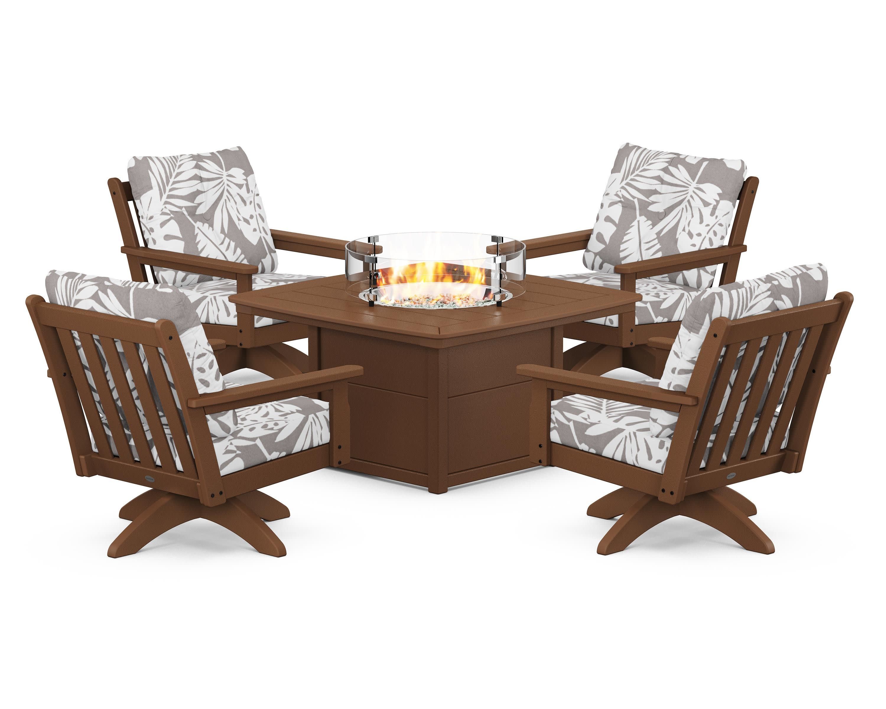 Vineyard 5-Piece Deep Seating Swivel Conversation Set with Fire Pit Table in Teak / Leaf Grey Mist