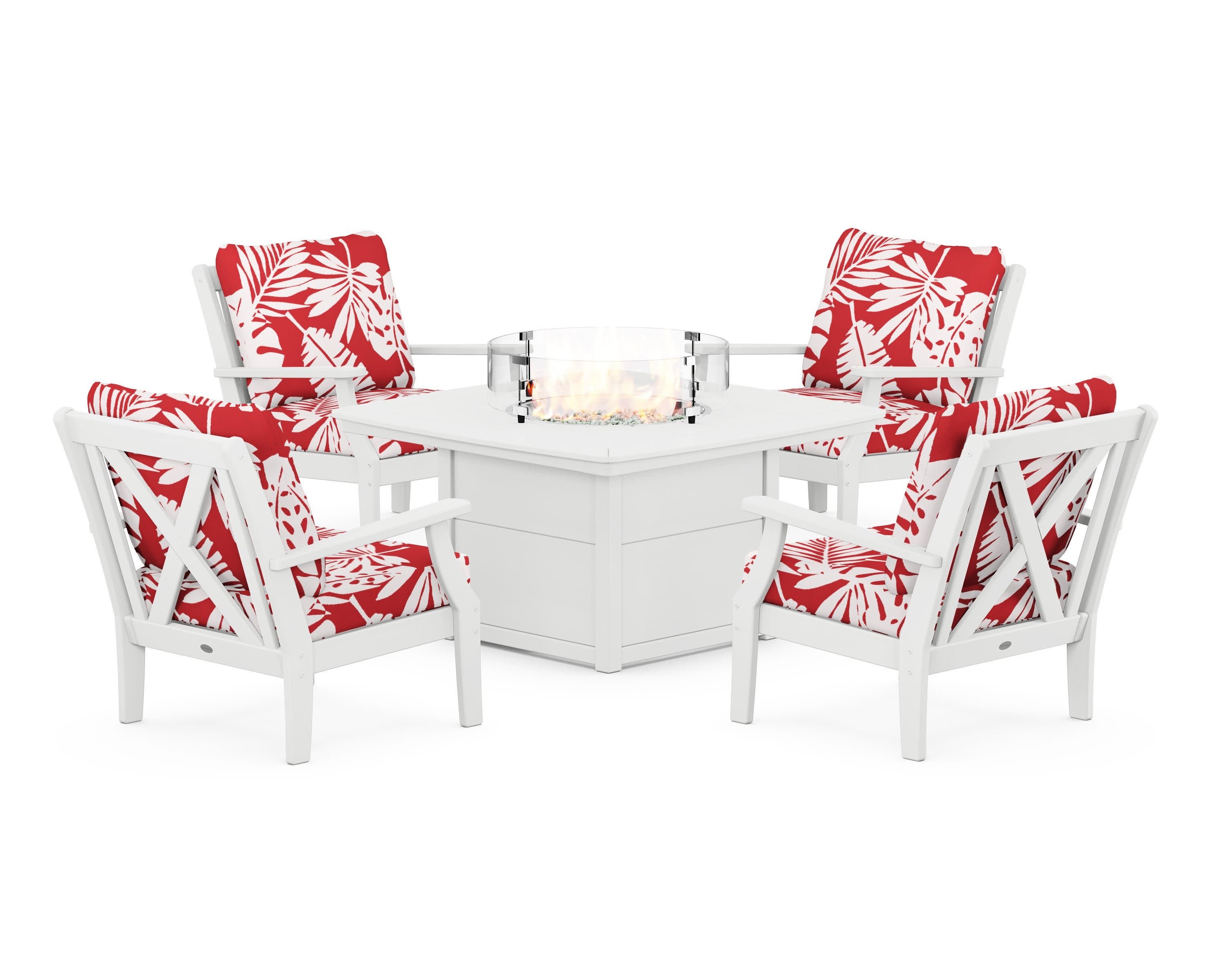 Braxton 5-Piece Deep Seating Conversation Set with Fire Pit Table in White / Leaf Crimson