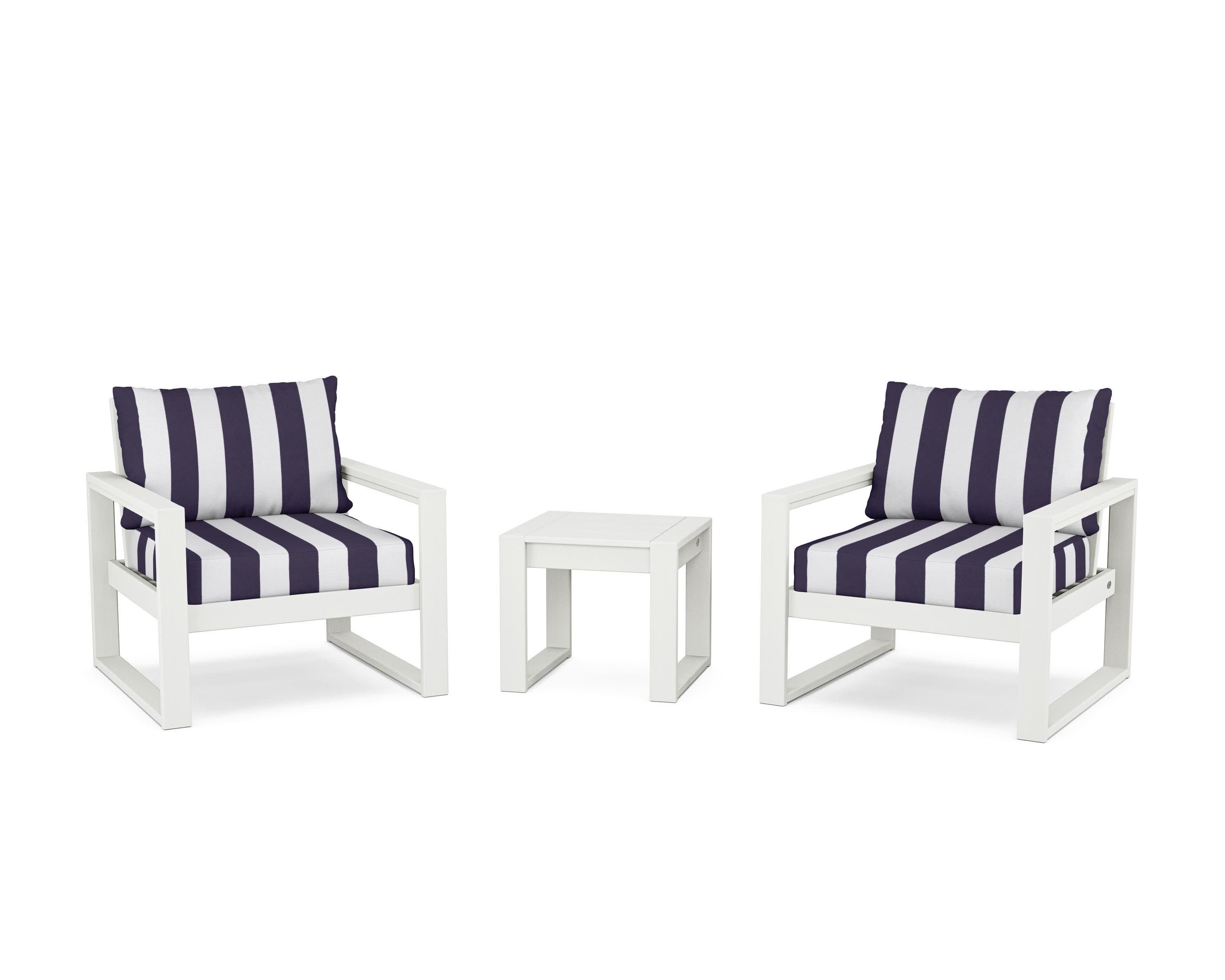 EDGE Sectional 3-Piece Deep Seating Set in Vintage White / Cabana Stripe Navy