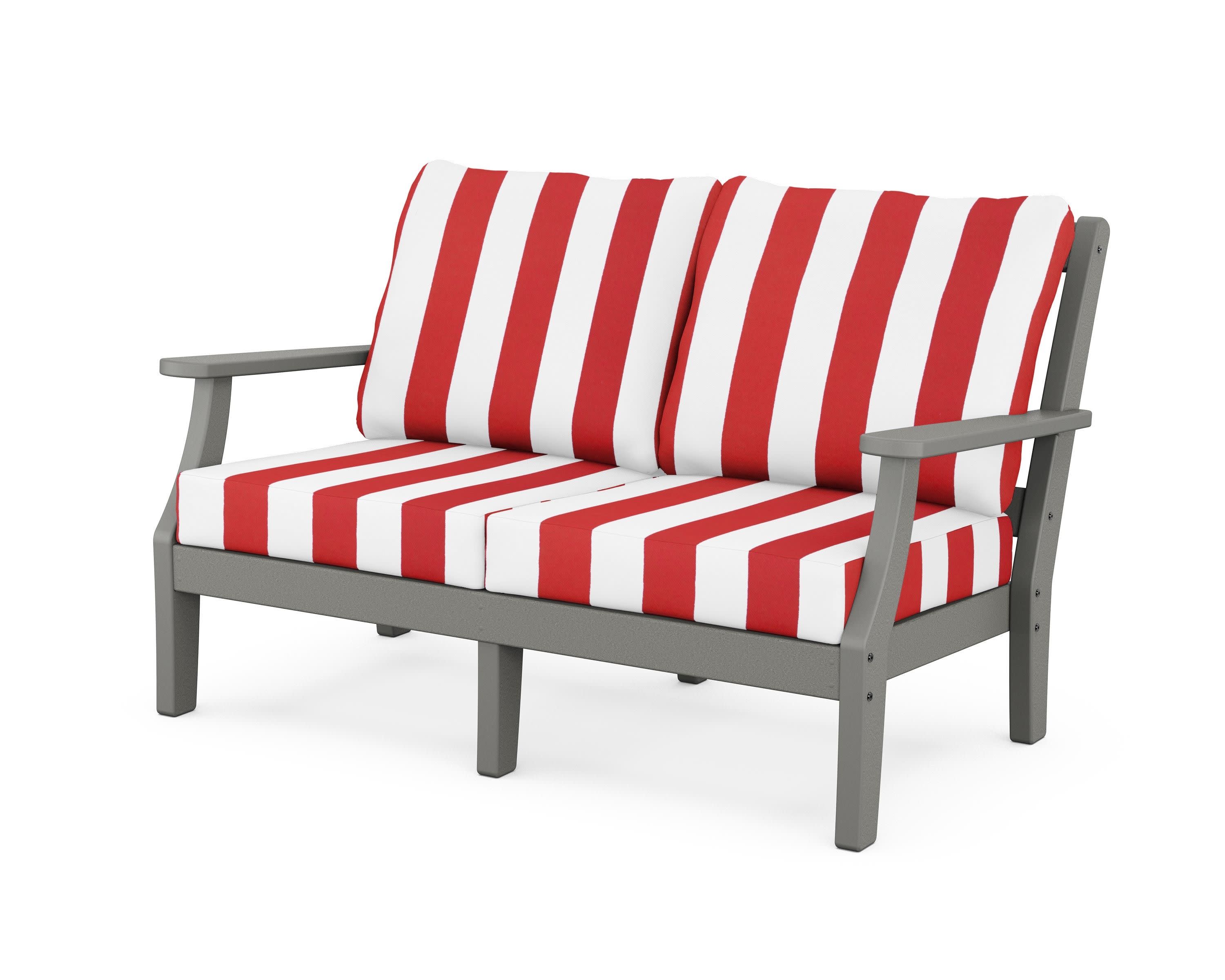 Chinoiserie Deep Seating Loveseat in Slate Grey / Cabana Stripe Crimson