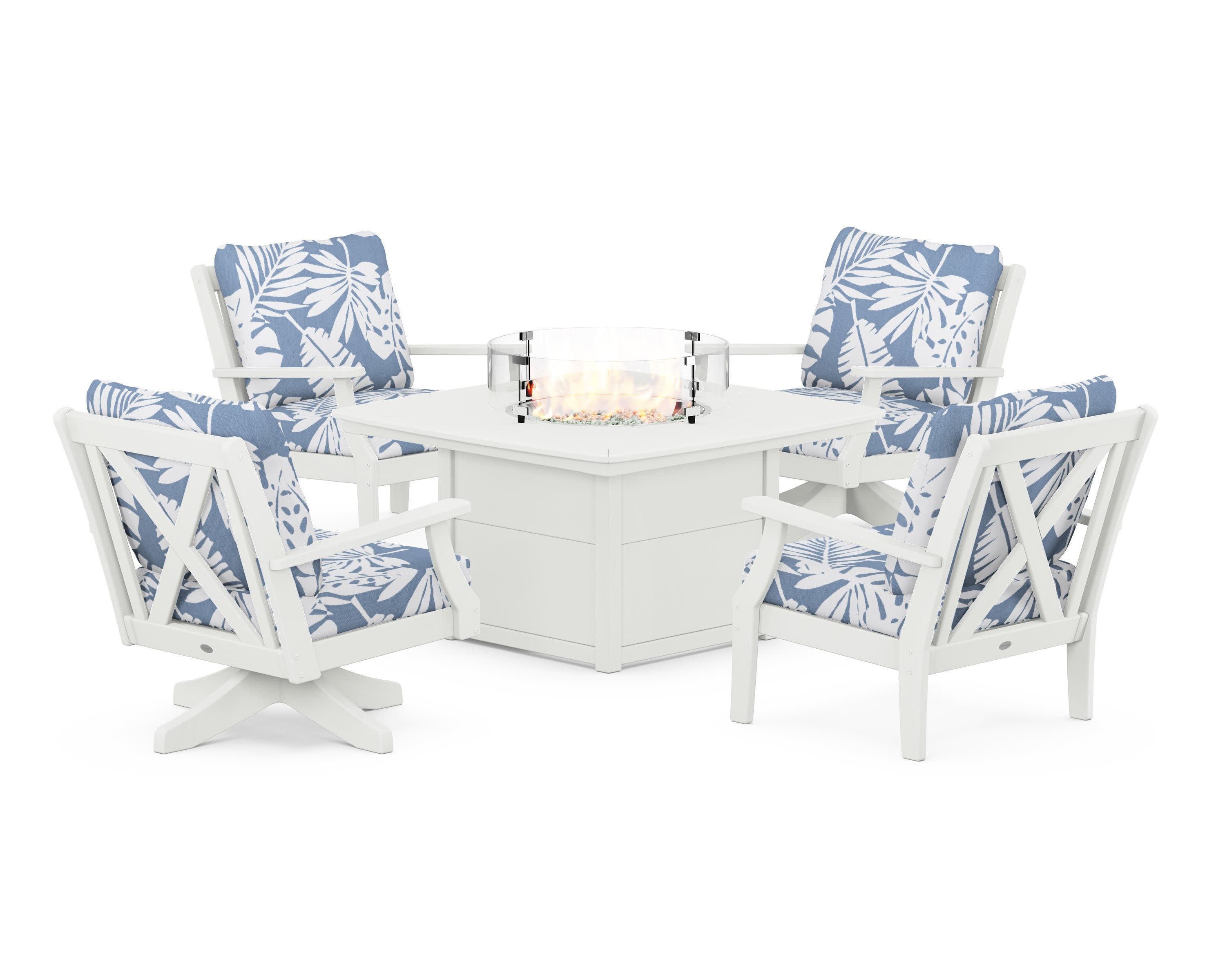 Braxton 5-Piece Deep Seating Set with Fire Table in Vintage White / Leaf Sky Blue