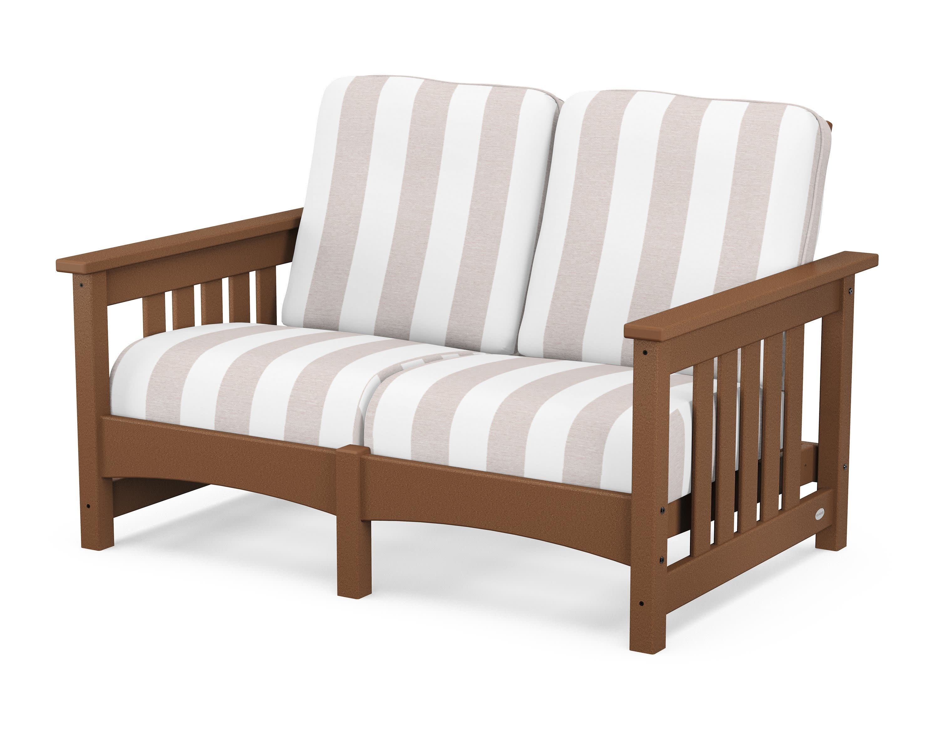 Club Mission Loveseat in Teak / Cabana Stripe Dune Burlap