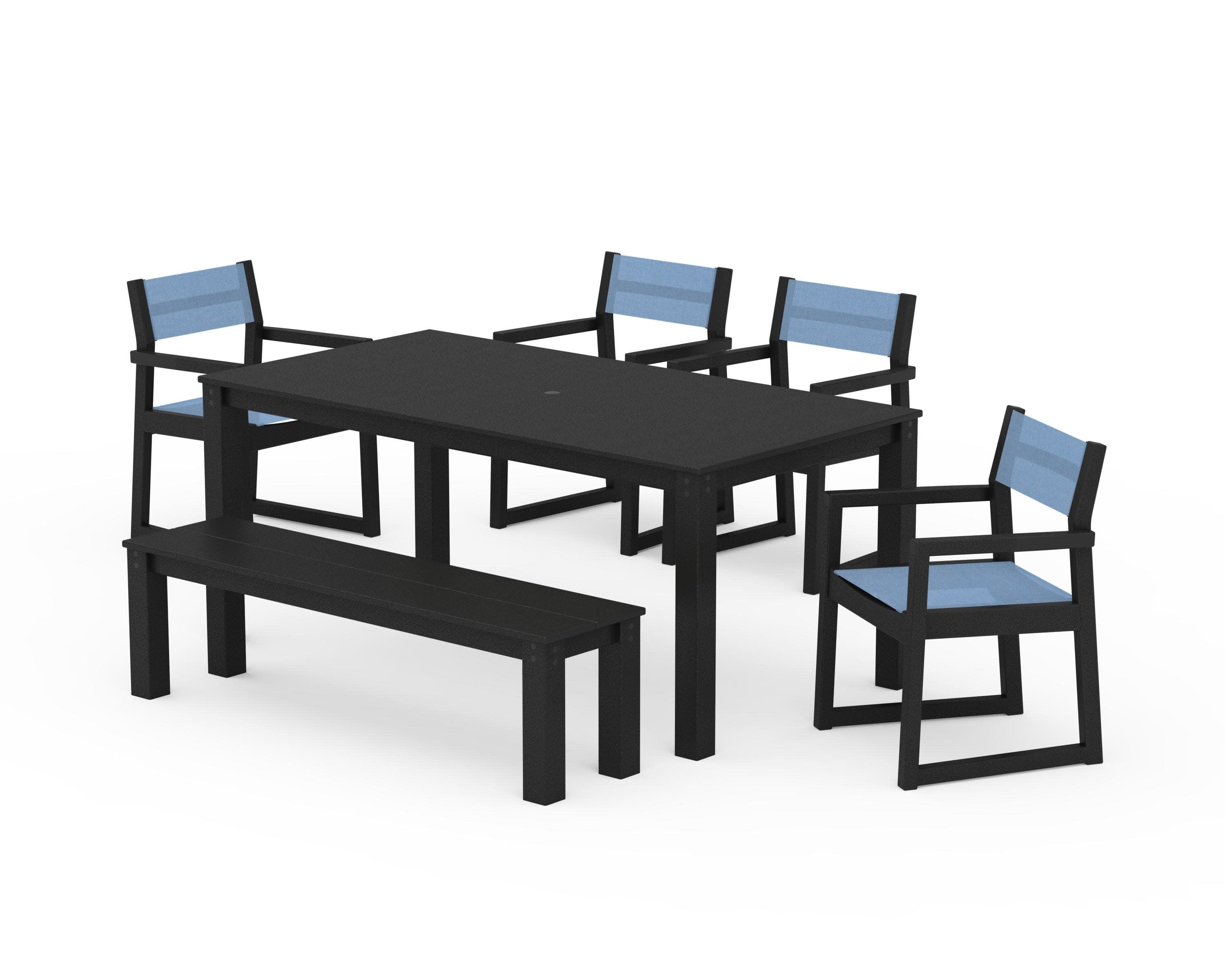 EDGE Sling Arm Chair 6-Piece Parsons Dining Set with Bench in Black / Poolside Sling