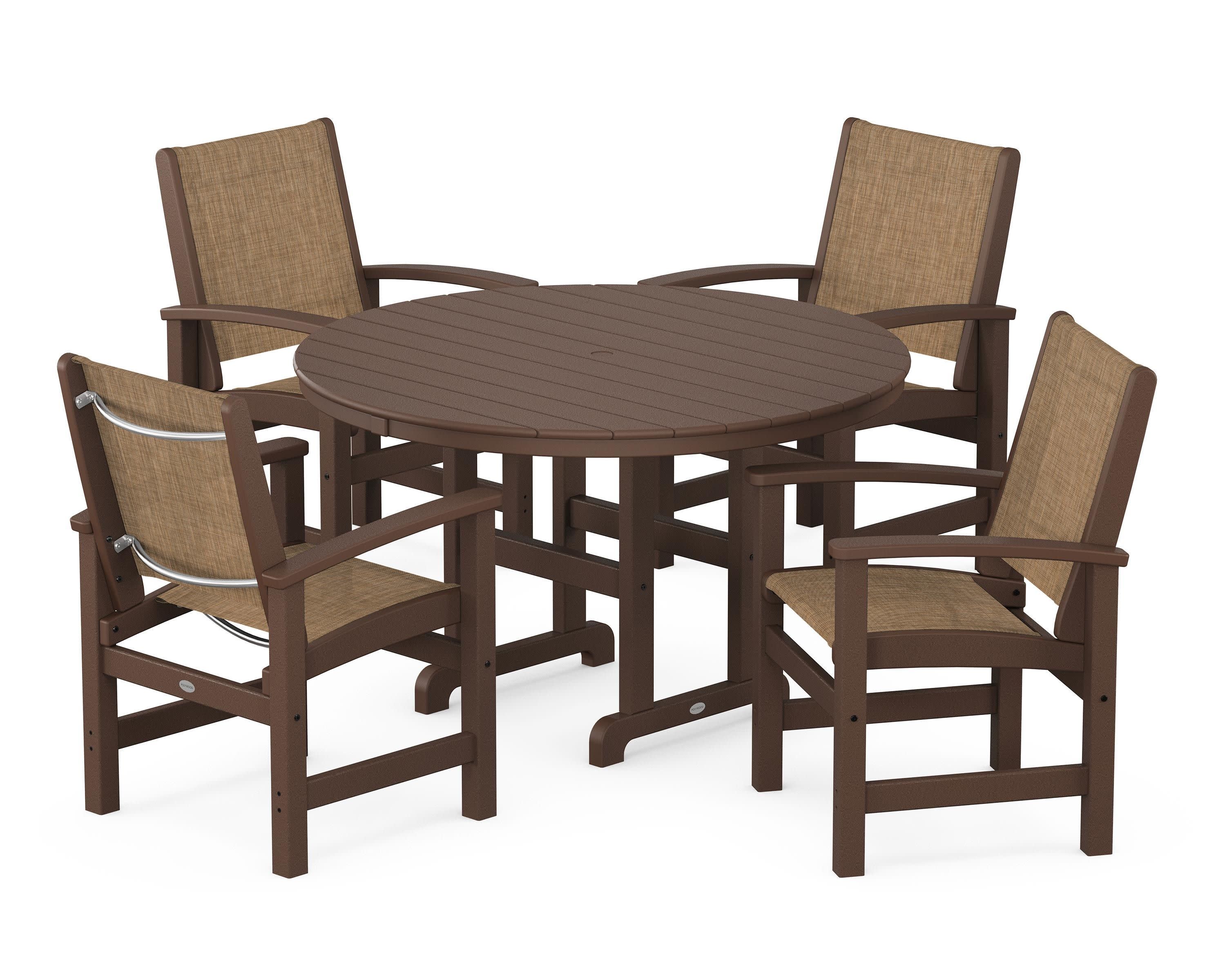 Coastal 5-Piece Round Farmhouse Dining Set in Mahogany / Burlap Sling