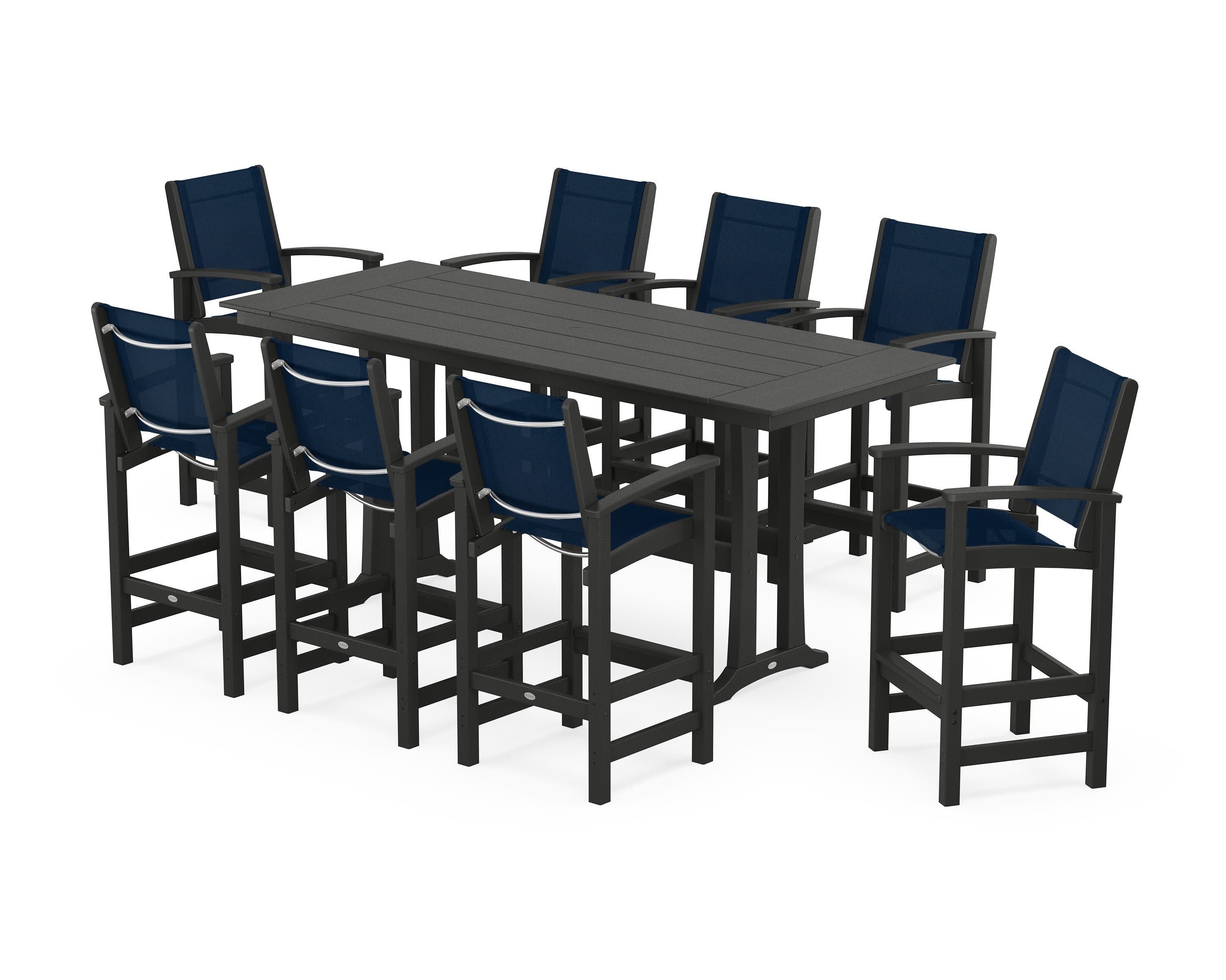 Coastal 9-Piece Farmhouse Bar Set with Trestle Legs in Black / Navy Blue Sling