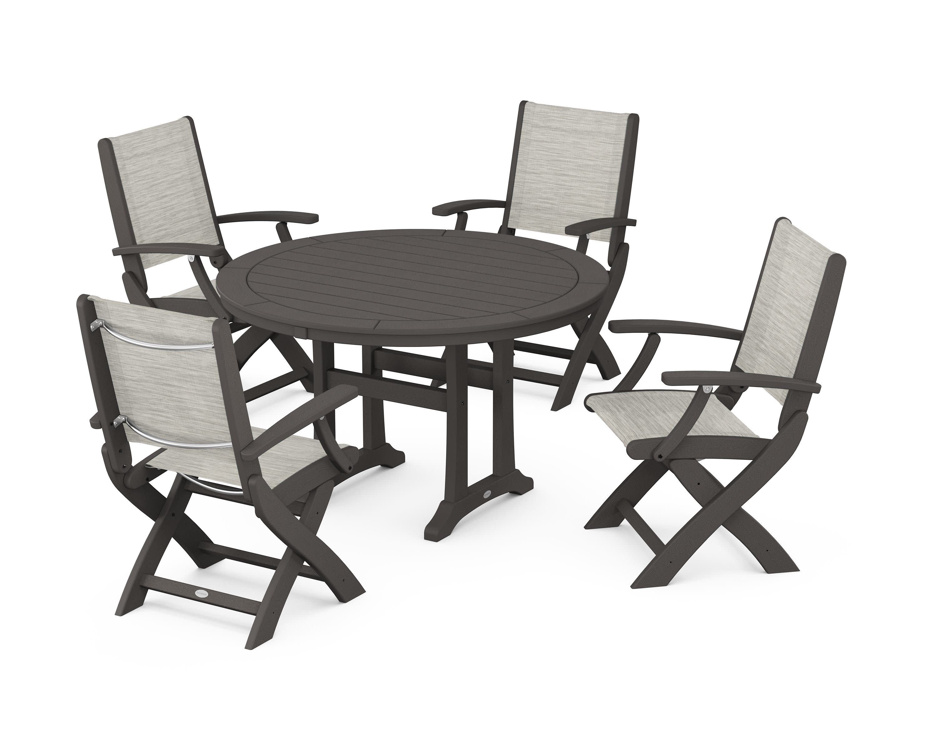 Coastal Folding Chair 5-Piece Round Dining Set with Trestle Legs in Vintage Coffee / Birch Sling