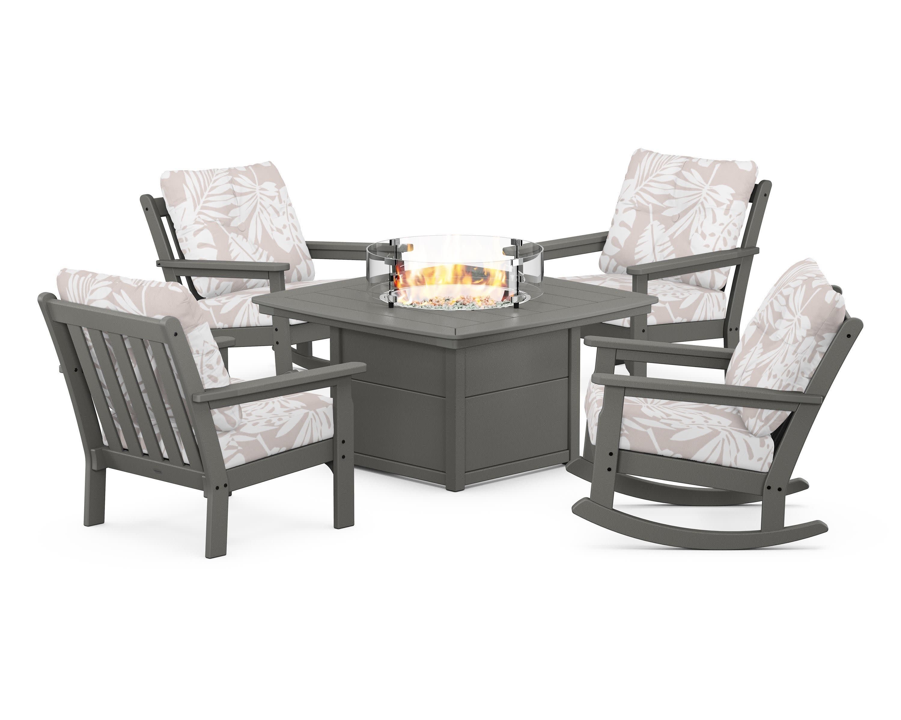 Vineyard 5-Piece Deep Seating Rocking Chair Conversation Set with Fire Pit Table in Slate Grey / Leaf Dune Burlap