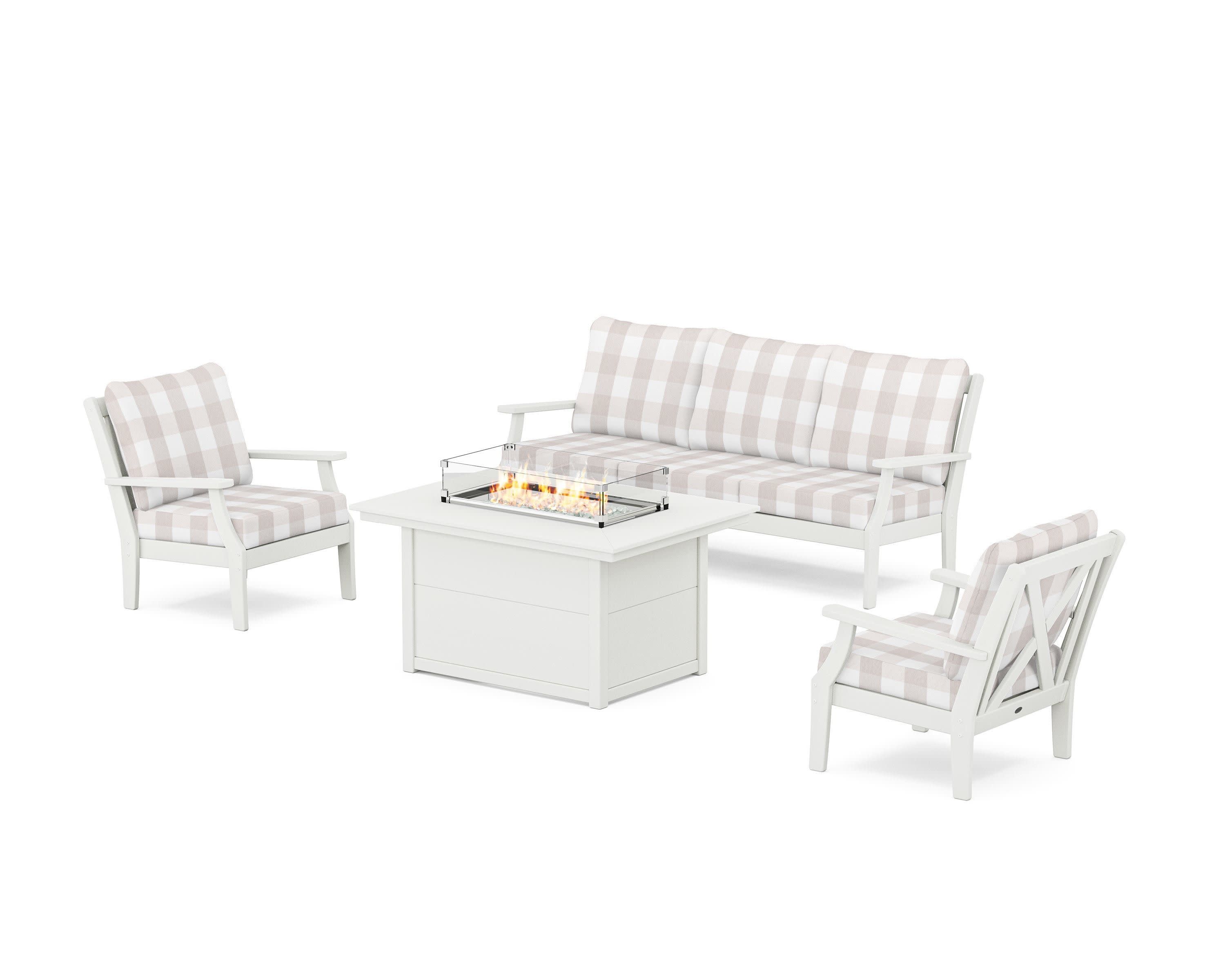 Braxton Deep Seating Fire Pit Table Set in Vintage White / Buffalo Plaid Dune Burlap