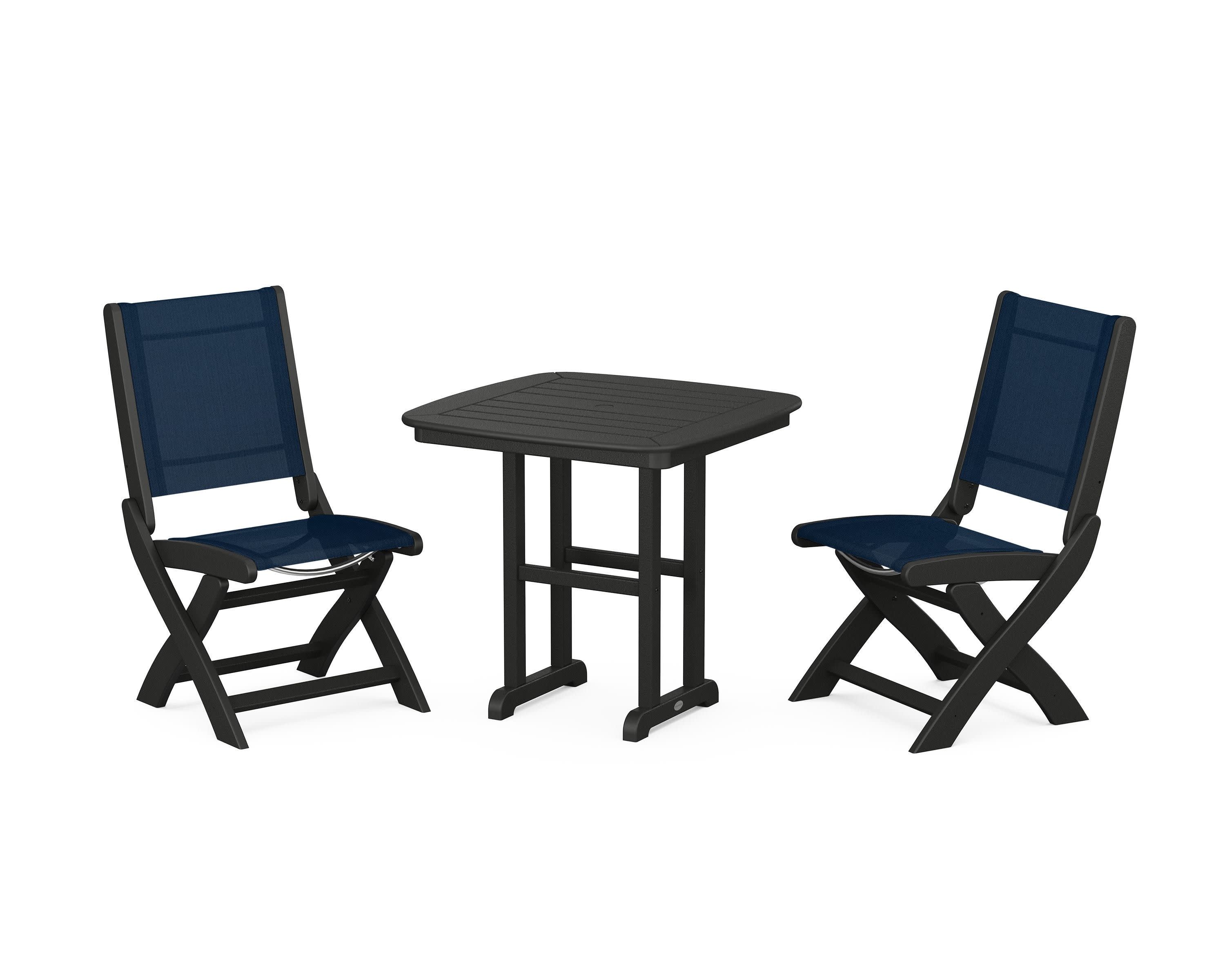 Coastal Folding Side Chair 3-Piece Dining Set in Black / Navy Blue Sling