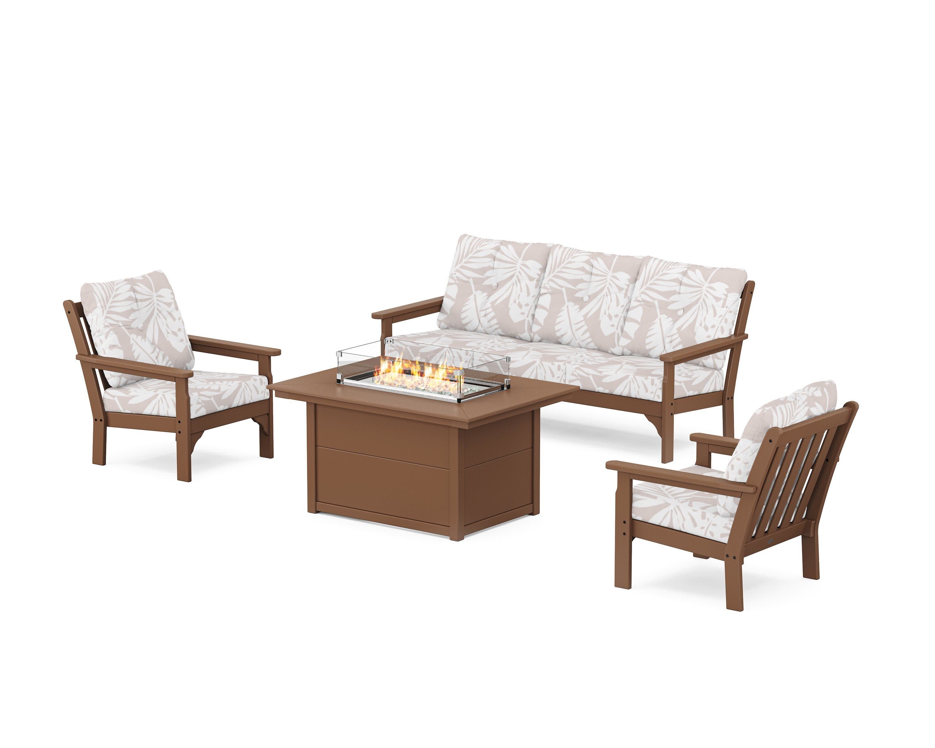 Vineyard Deep Seating Fire Pit Table Set in Teak / Leaf Dune Burlap
