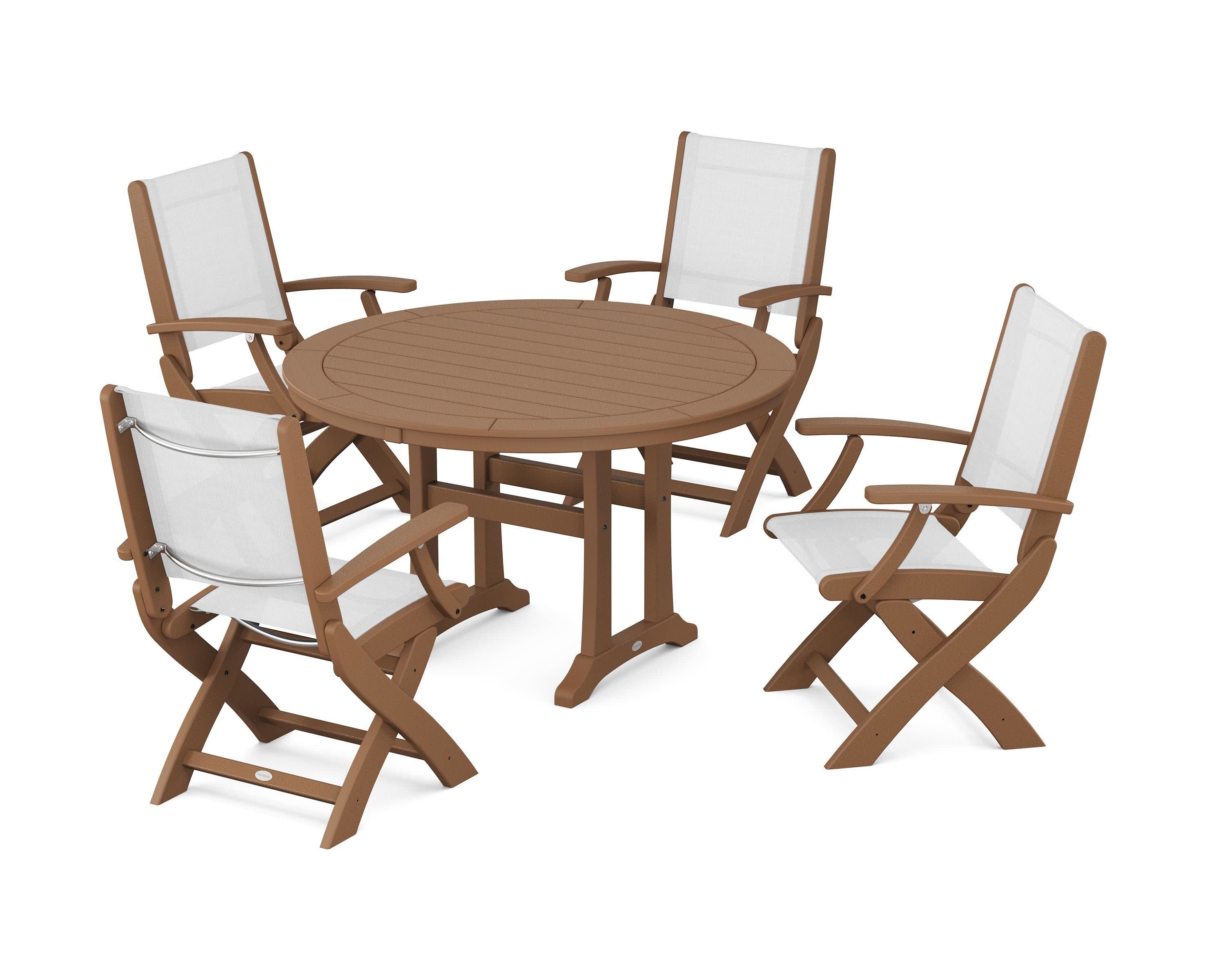 Coastal Folding Chair 5-Piece Round Dining Set with Trestle Legs in Teak / White Sling